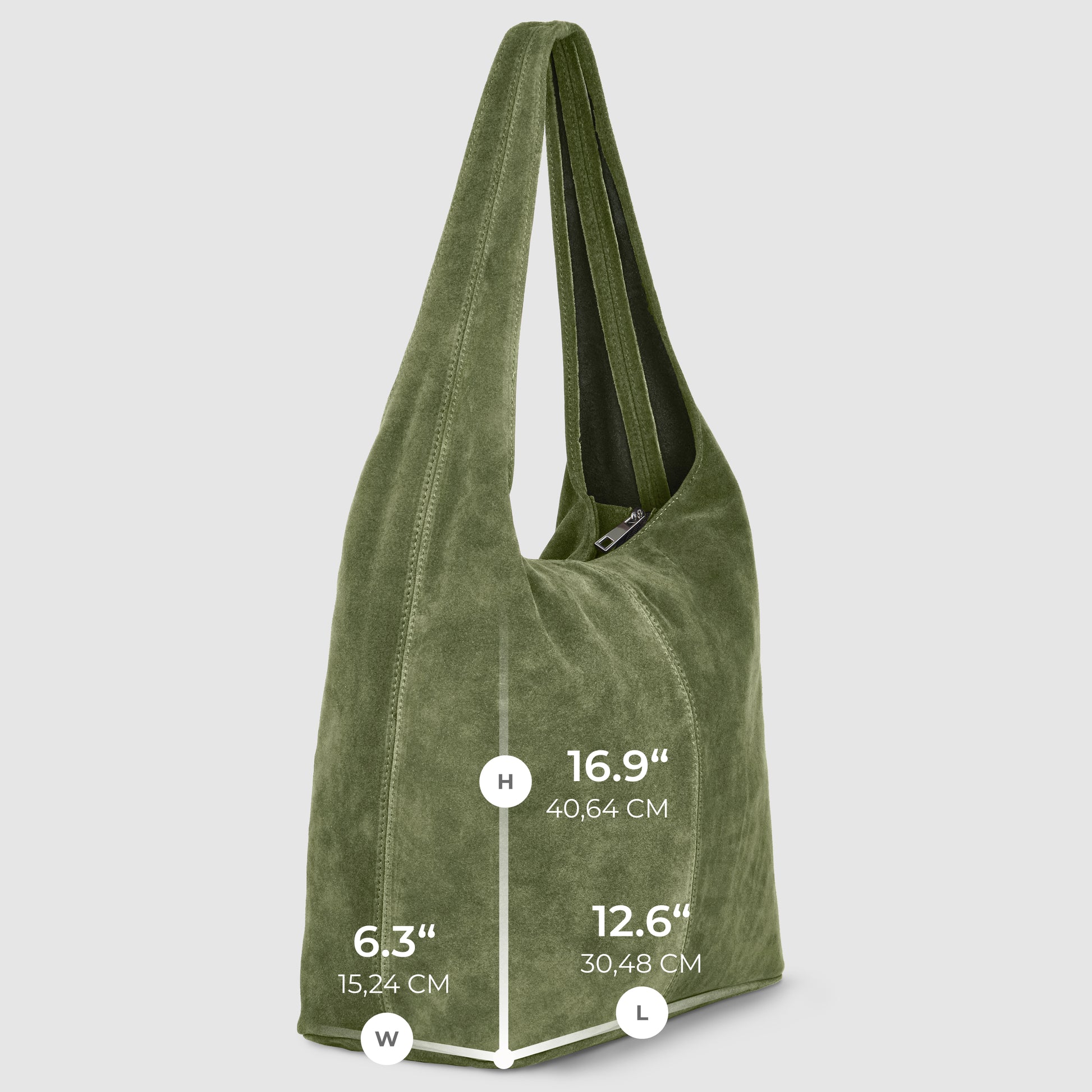 Olive green Italian suede bag with a wide strap, shown standing upright. White dimension lines indicate height (16.9 / 40.64 cm), width (6.3 / 15.24 cm), and length (12.6 / 30.48 cm).