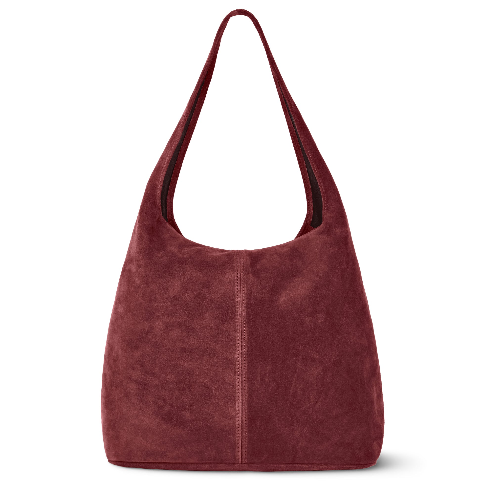 A burgundy suede hobo bag with a wide shoulder strap and minimalist design, featuring a vertical center seam for elegance and showcasing refined craftsmanship.
