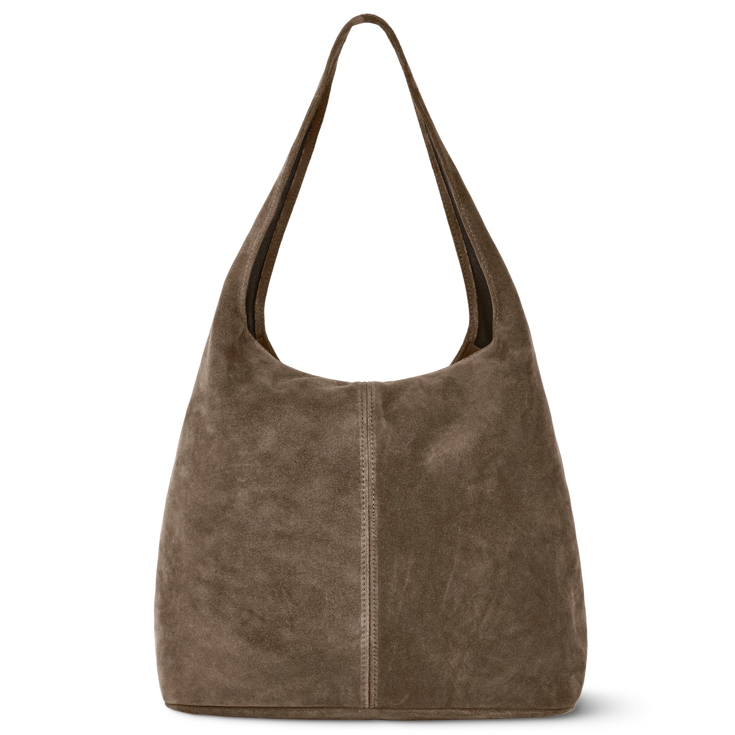 A Tobacco Suede tote bag with a single wide strap and a visible vertical center seam. This minimalist handbag has a slouchy, unstructured shape and soft texture—ideal for effortless style.