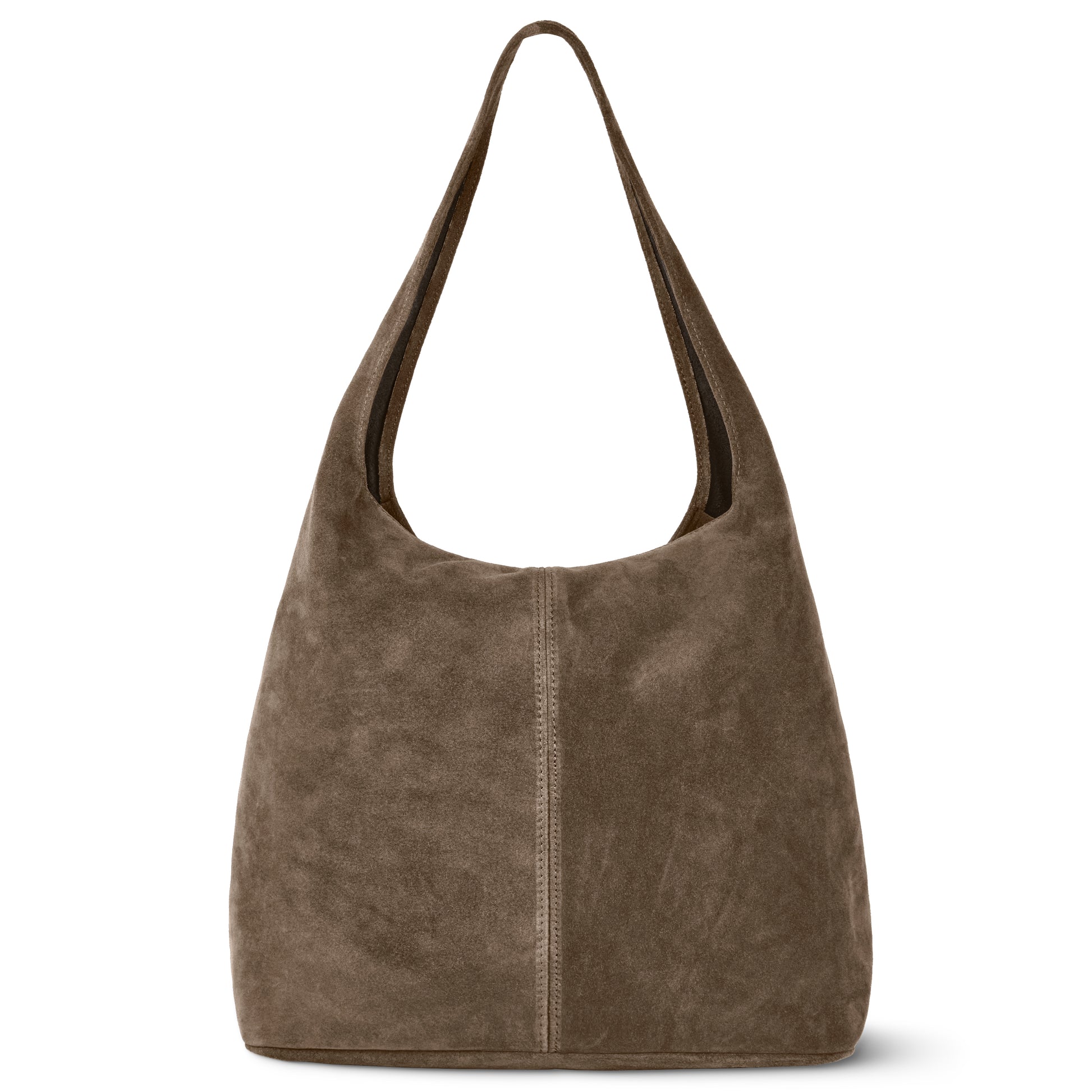 A Tobacco Suede tote bag with a single wide strap and a visible vertical center seam. This minimalist handbag has a slouchy, unstructured shape and soft texture—ideal for effortless style.