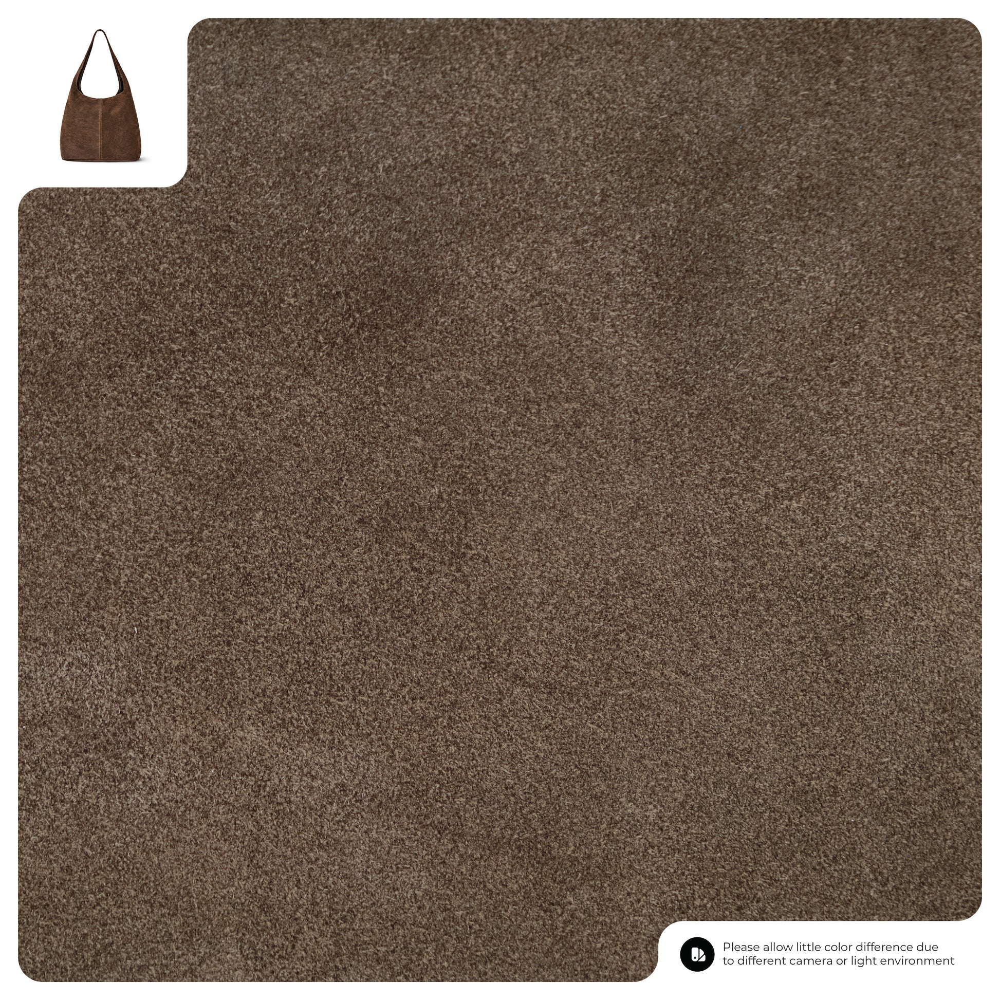 A large swatch of Tobacco Suede, a slightly textured brown fabric, is displayed with a small minimalist suede handbag photo in the top left; note in the bottom right mentions possible color differences from lighting or cameras.