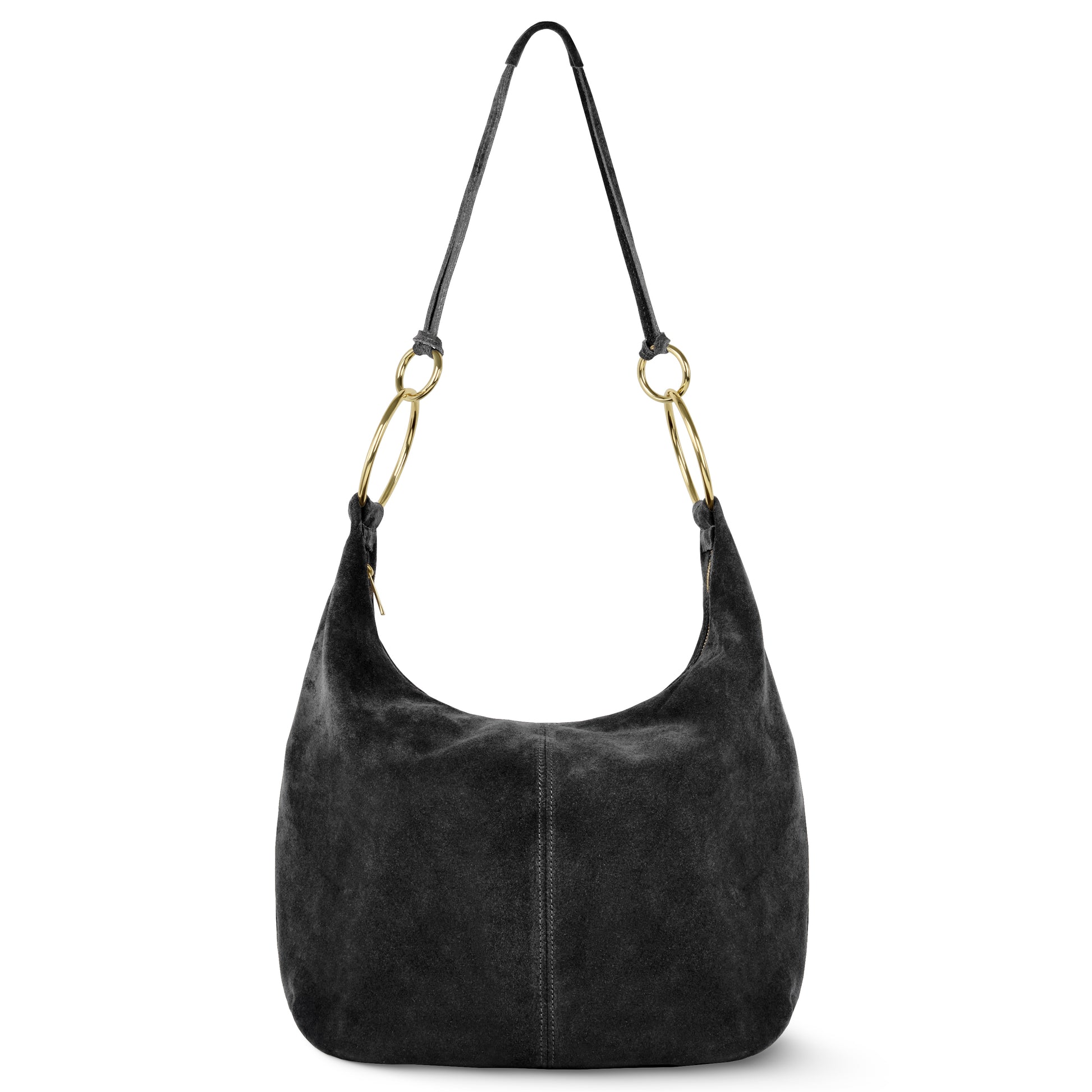 A black suede bag featuring a single shoulder strap, gold-tone ring accents on each side, and a relaxed silhouette inspired by classic Florentine leather craftsmanship.