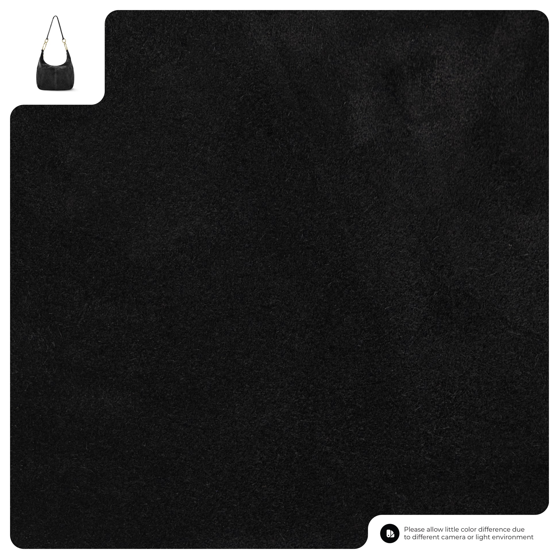 A square black textured surface with a small image of an Italian handmade bag in the top left corner. A note in the bottom right says, “Please allow little color difference due to different camera or light environment.”.