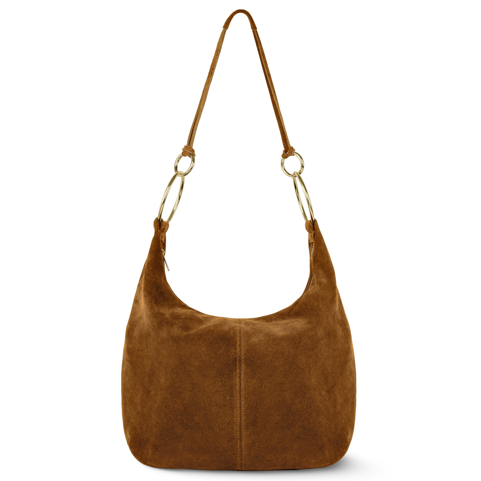 A mocha suede hobo-style handbag featuring a single shoulder strap and large gold rings attaching the strap to the bag.
