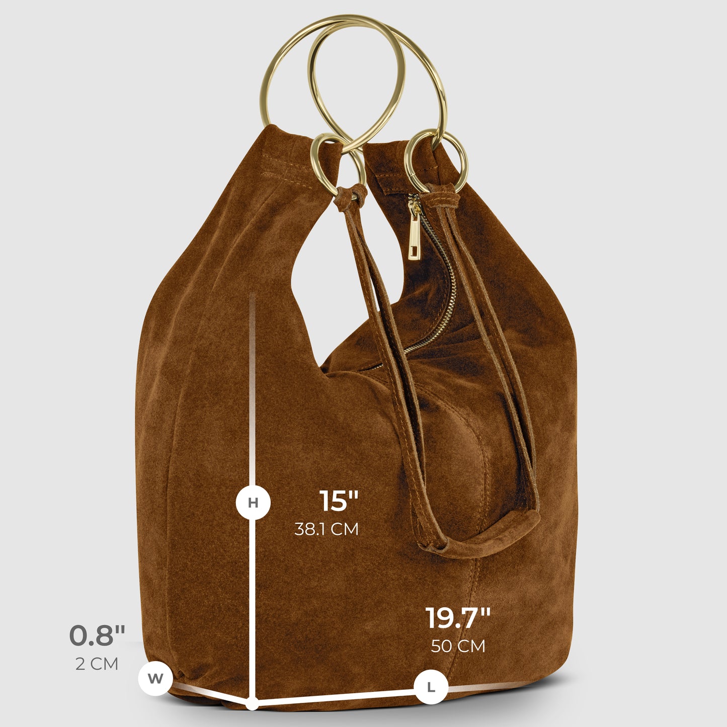 Brown natural suede handbag with gold circular handles and a side zipper pocket, shown standing upright. Dimensions: 15 (38.1 cm) height, 19.7 (50 cm) length, and 0.8 (2 cm) width—an elegant Italian handmade bag.