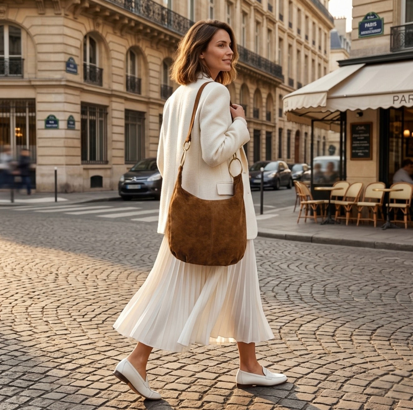 A woman in a white outfit and brown slouchy medium purse walks on a cobblestone street in a European city, passing by café tables and classic buildings on a sunny day.