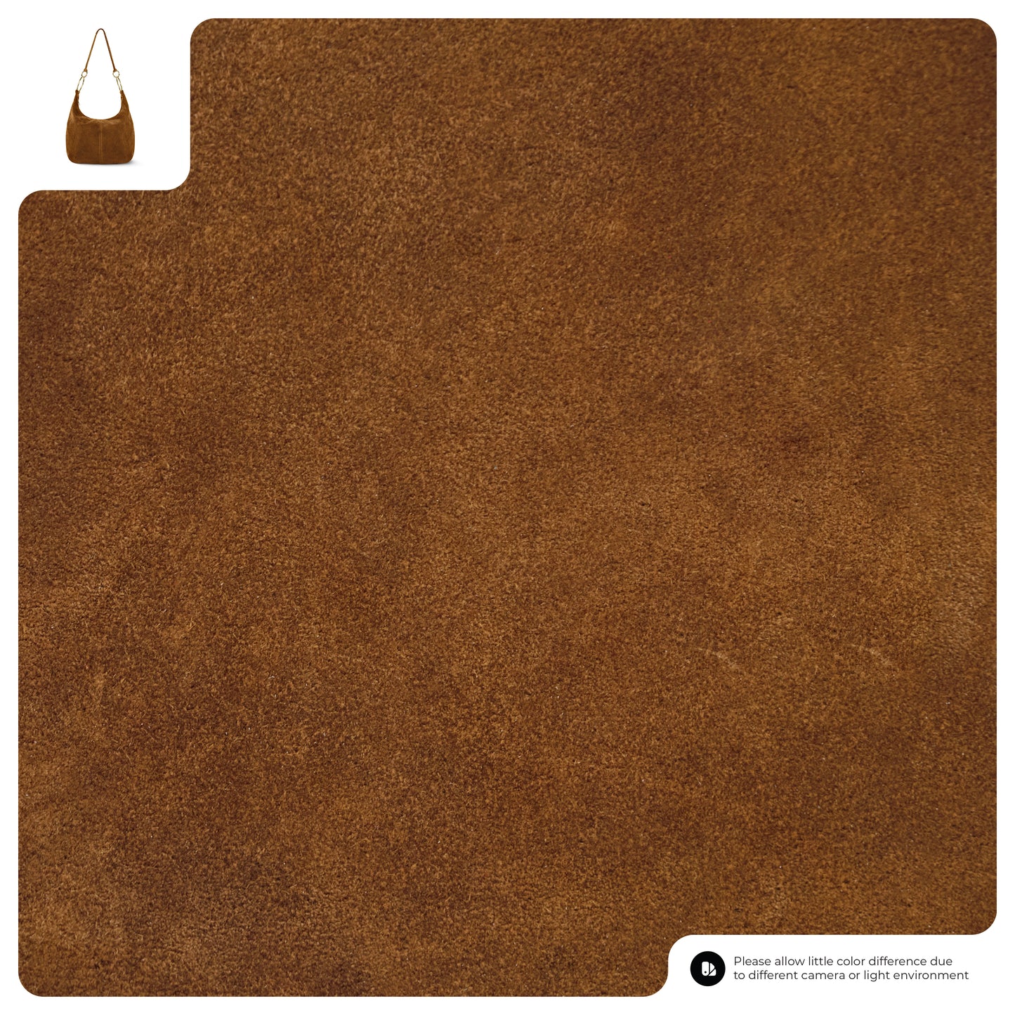 Brown suede material swatch with a small image of a natural suede bag in the top left corner, showcasing the fabric’s rich texture and color. Text at the bottom right notes possible color differences.