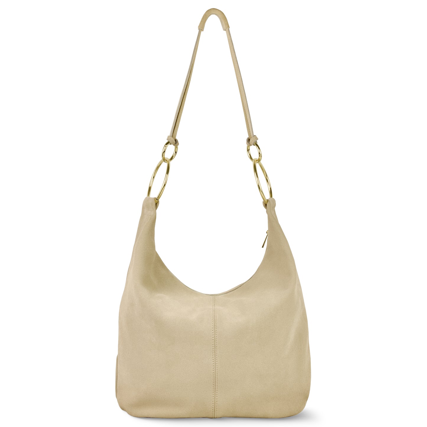 A greige suede hobo-style handbag with gold ring accents on the shoulder strap, displayed against a white background.