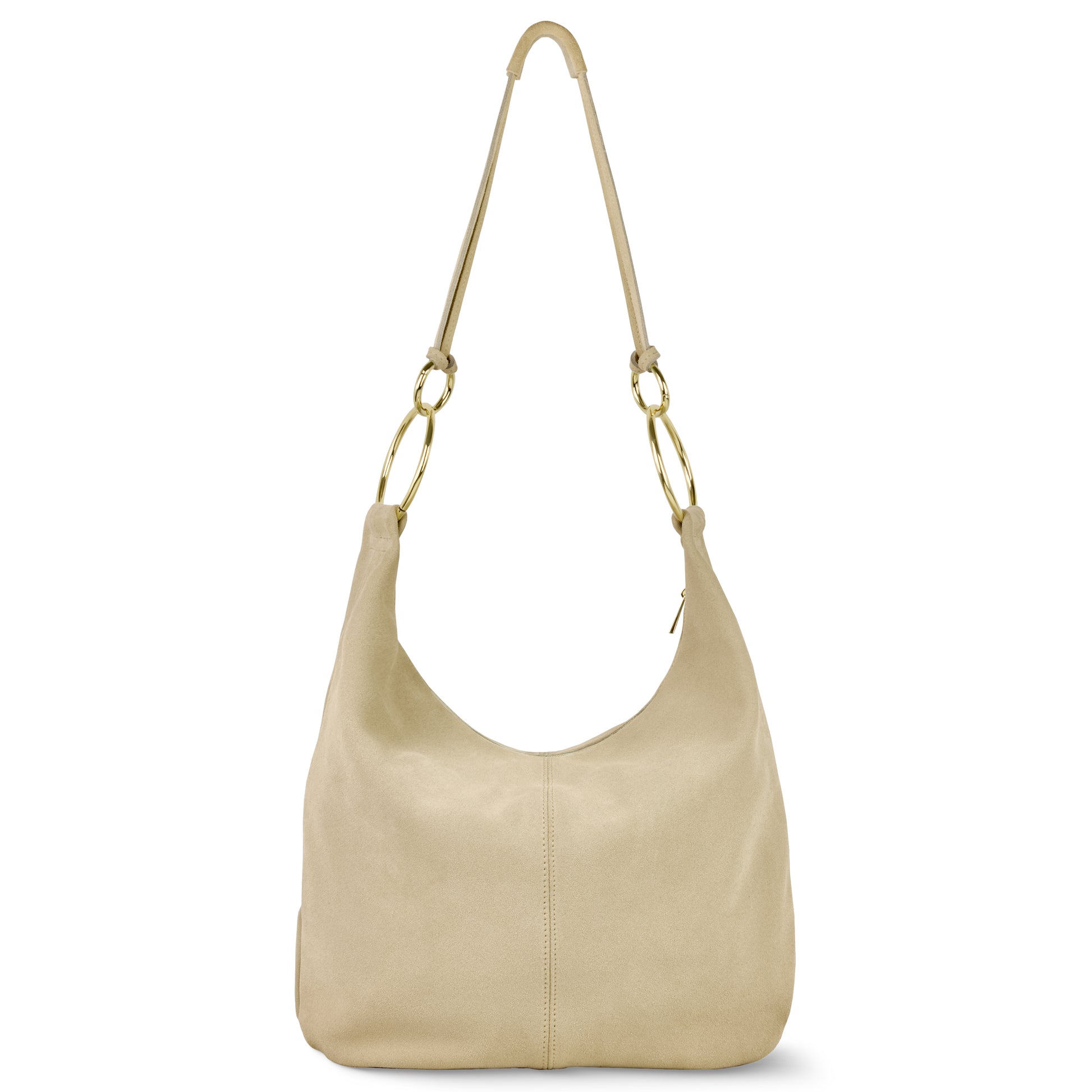 A greige suede hobo-style handbag with gold ring accents on the shoulder strap, displayed against a white background.
