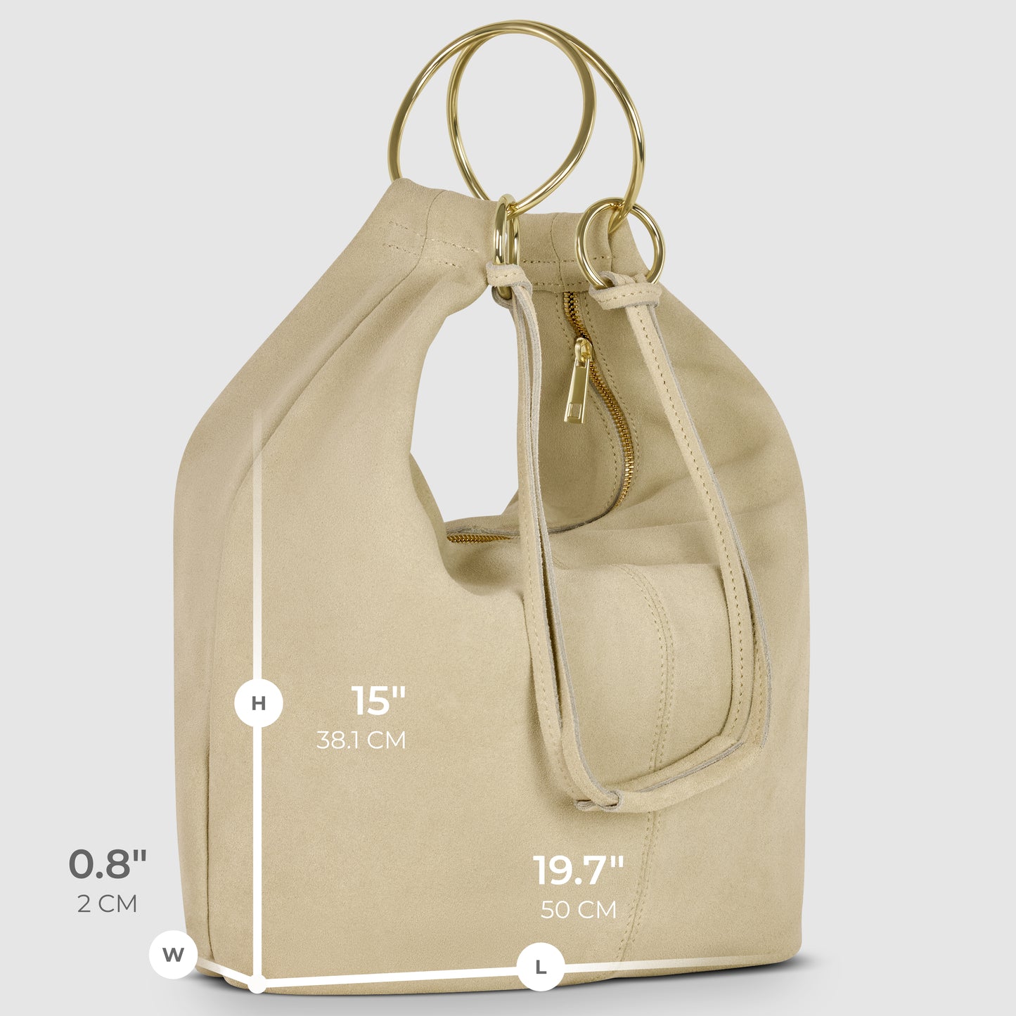 Beige natural suede handbag with gold circular handles and a front zipper pocket, shown upright. Dimensions are labeled: 0.8 (2 cm) wide, 15 (38.1 cm) high, and 19.7 (50 cm) long—a stylish Italian handmade bag.