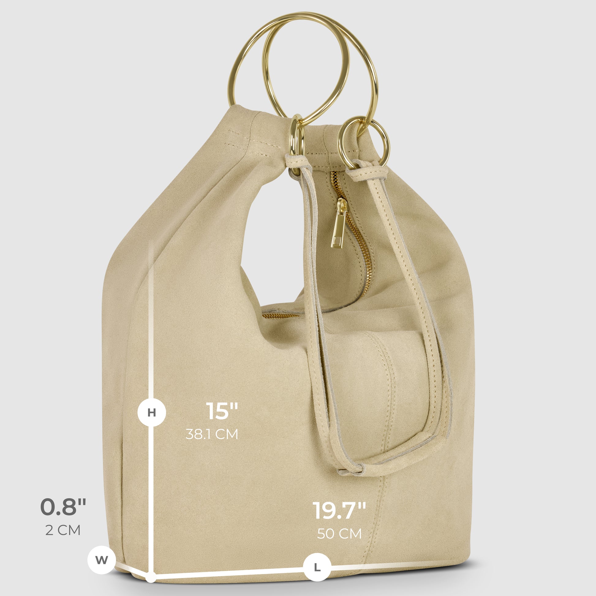 Beige natural suede handbag with gold circular handles and a front zipper pocket, shown upright. Dimensions are labeled: 0.8 (2 cm) wide, 15 (38.1 cm) high, and 19.7 (50 cm) long—a stylish Italian handmade bag.