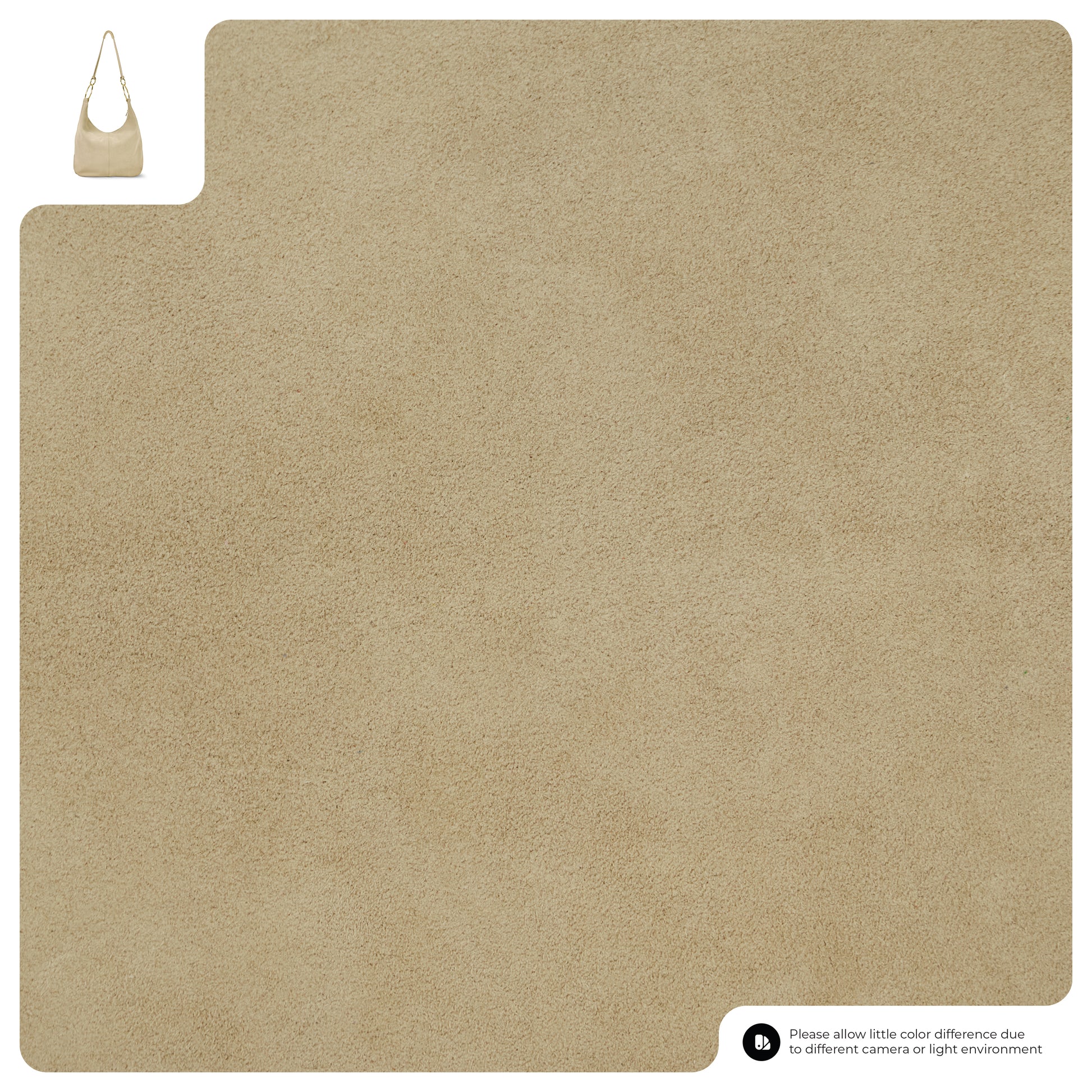 A large square swatch of light beige natural suede, with a small image of a beige handbag in the top left corner showing the fabric in use. Text at the bottom right notes color may vary by camera or lighting.