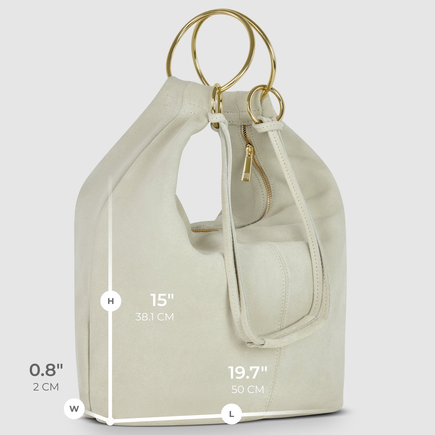 A beige Italian handmade bag with gold circular handles and a zippered pocket. Crafted from luxurious Florentine leather, it measures 15 in (38.1 cm) tall, 19.7 in (50 cm) wide, and 0.8 in (2 cm) deep against a light gray background.