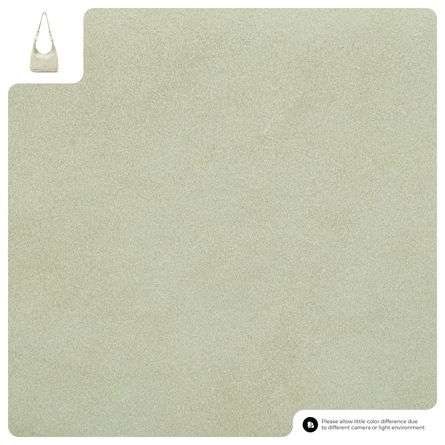 A square beige textured fabric swatch with a small Italian handmade bag shown in the top left corner. A note at the bottom right says, “Please allow little color difference due to different camera or light environment.”.