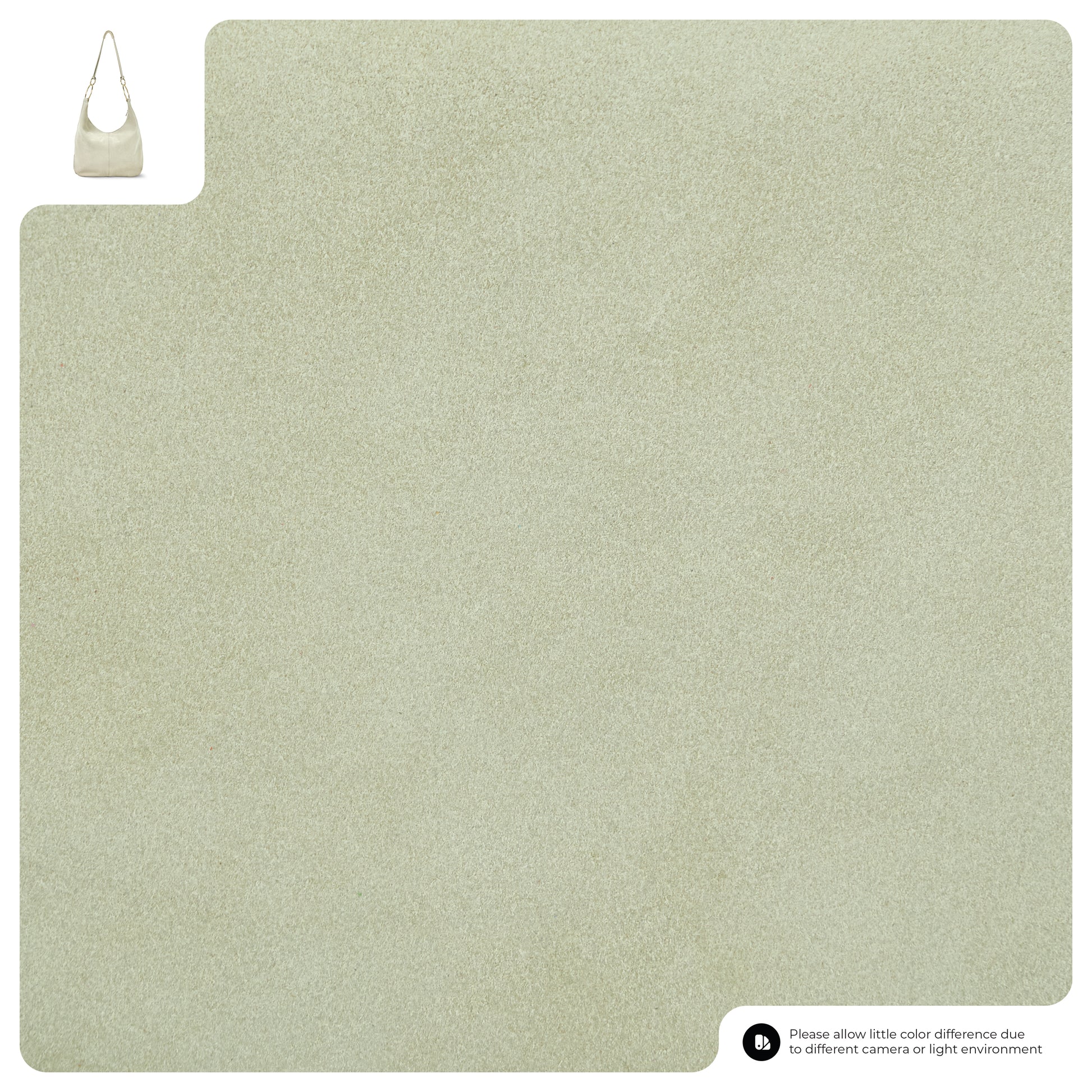 A square beige textured fabric swatch with a small Italian handmade bag shown in the top left corner. A note at the bottom right says, “Please allow little color difference due to different camera or light environment.”.