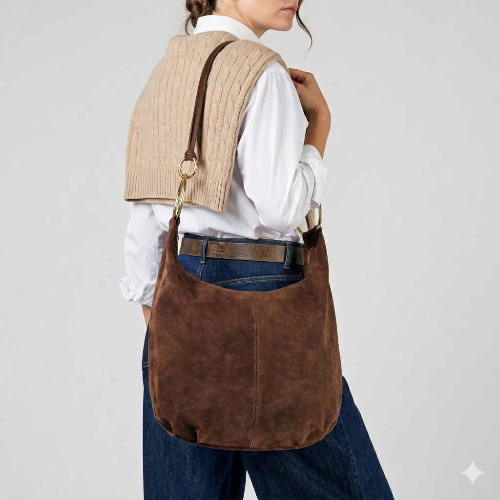 A woman in a white shirt and beige sweater draped over her shoulders carries a slouchy medium bag in brown Italian suede with gold hardware. She’s shown from the side against a plain background, pairing blue jeans with the handmade purse.