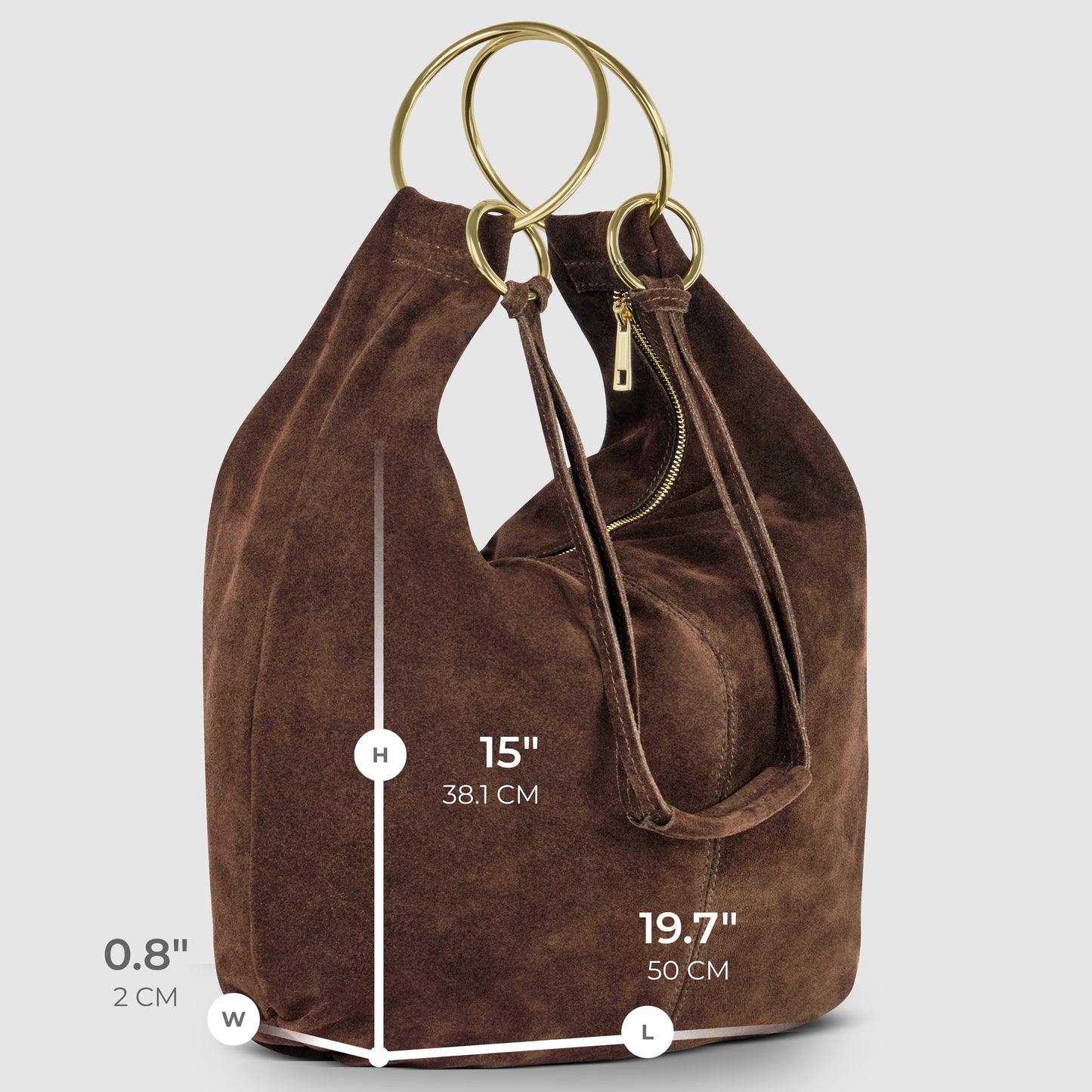 A natural suede bag crafted in the Italian handmade tradition, featuring gold circular handles, a zippered pouch, and measurements: 15 (38.1 cm) high, 19.7 (50 cm) long, and 0.8 (2 cm) wide.