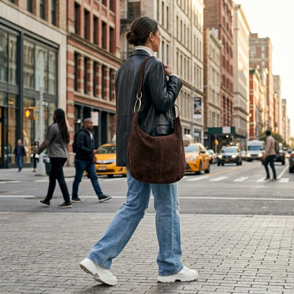 A person wearing a black jacket, blue jeans, and white shoes carries a slouchy medium bag while walking on a city street with taxis and pedestrians in the background.