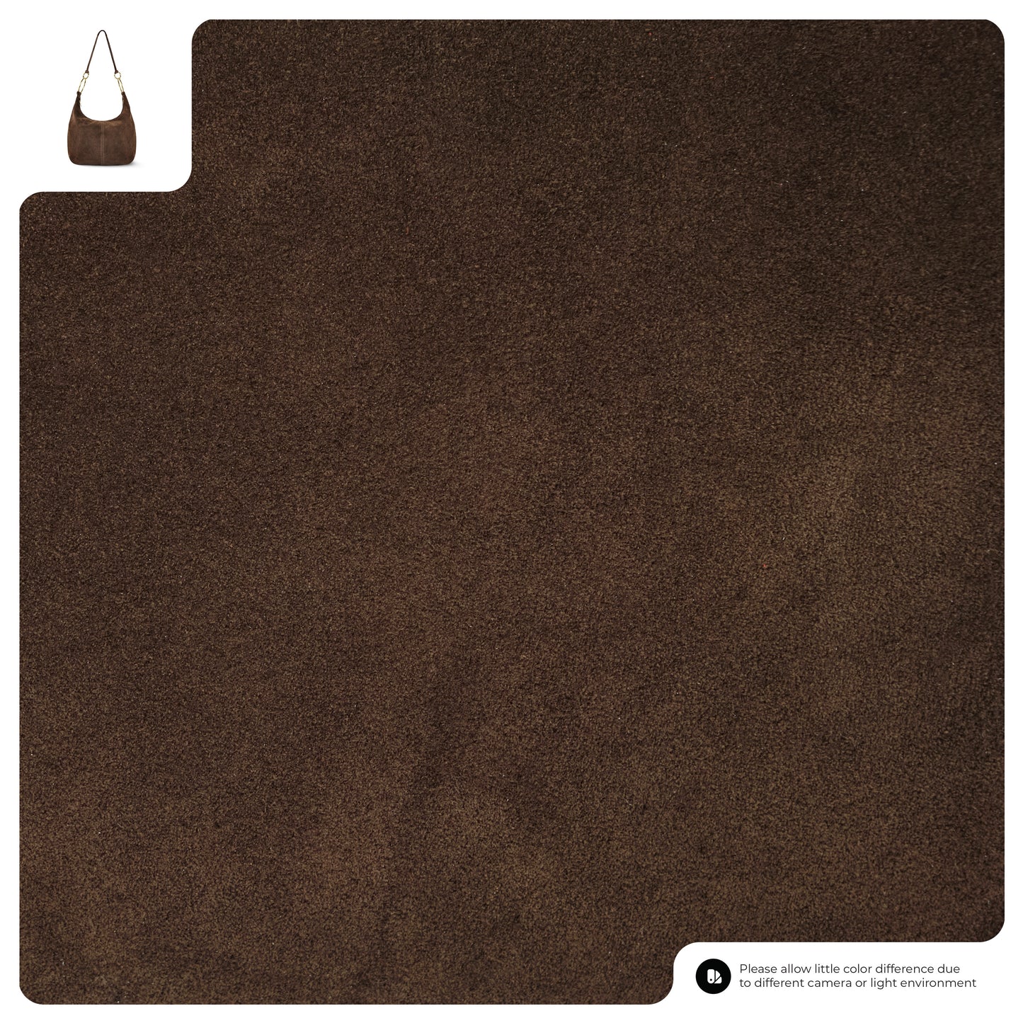 A large swatch of brown suede material is shown. In the top left corner, there is a small image of an Italian handmade suede bag. A note at the bottom advises of possible color differences due to lighting or cameras.