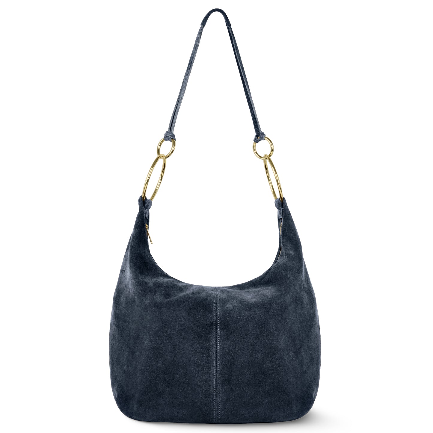 A dark blue suede hobo handbag with a single shoulder strap and gold-tone metal ring accents, featuring a soft, slouchy Italian handmade design with no visible branding.