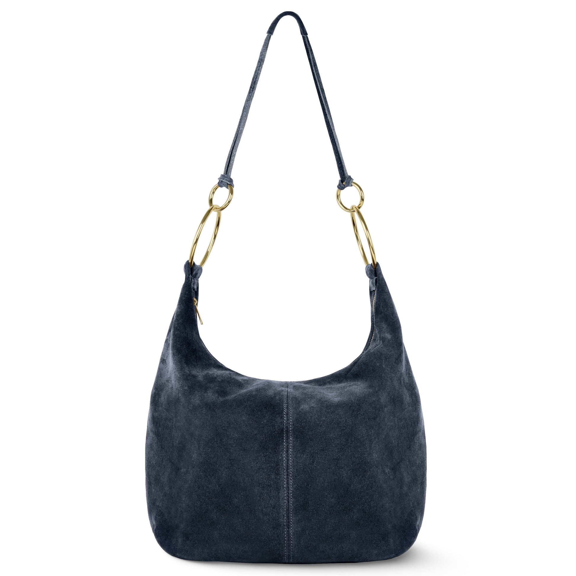 A dark blue suede hobo handbag with a single shoulder strap and gold-tone metal ring accents, featuring a soft, slouchy Italian handmade design with no visible branding.