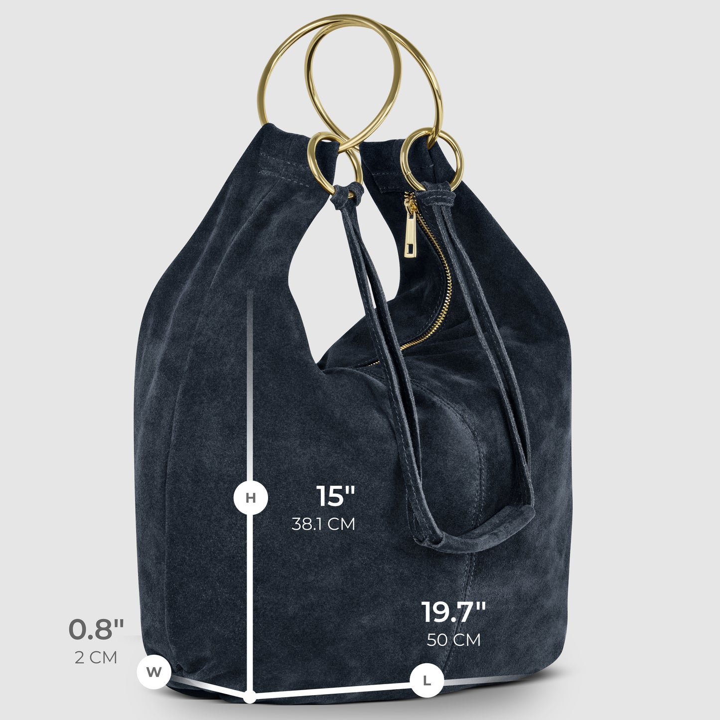 A dark blue natural suede handbag with gold circular handles and a zipper pocket, displayed upright. Dimensions are labeled: 15 (height), 19.7 (length), and 0.8 (width). An elegant Italian handmade bag for any occasion.