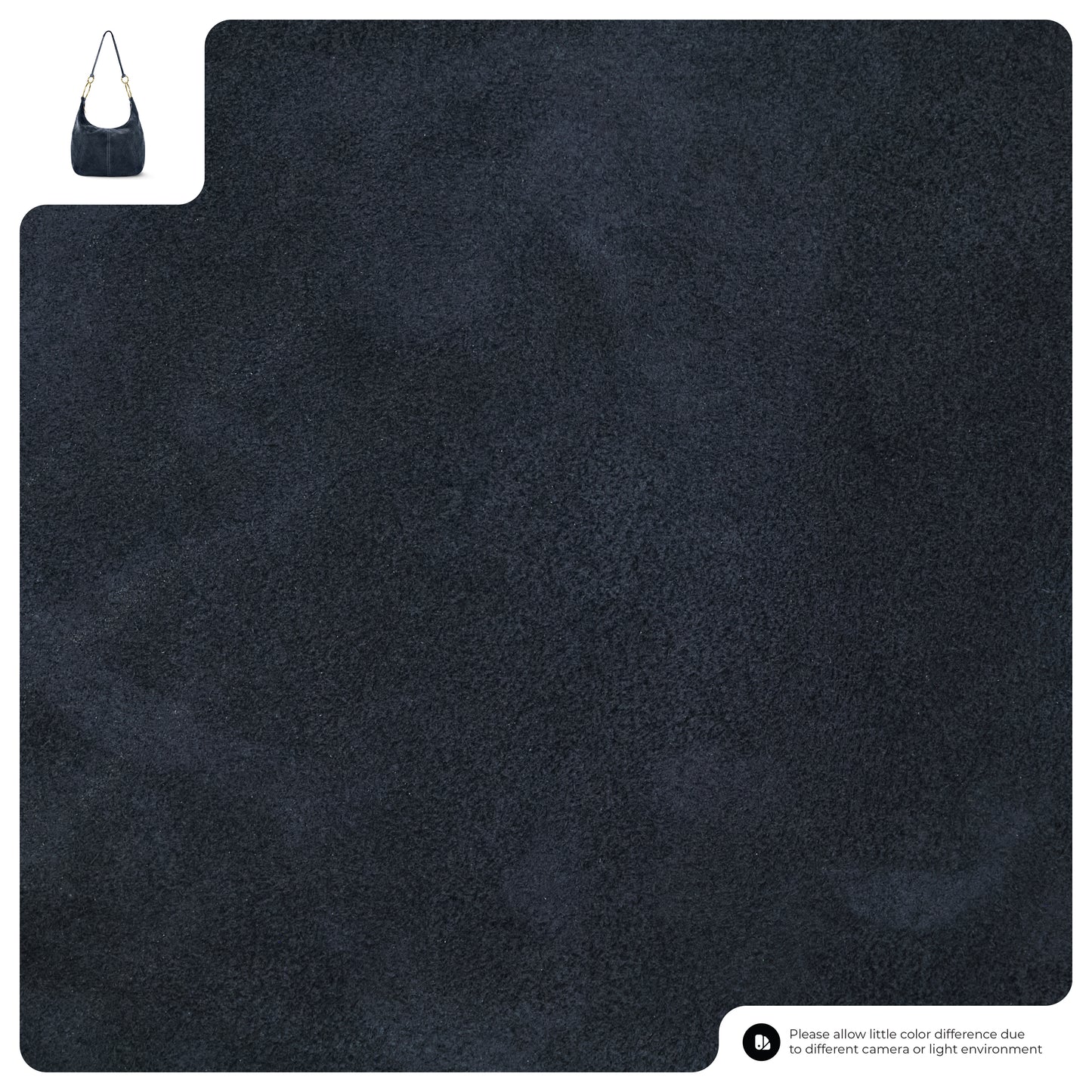 A dark navy blue natural suede fabric swatch with a soft, slightly textured surface. In the top left corner, there's a small image of an Italian handmade bag crafted from the same luxurious material.