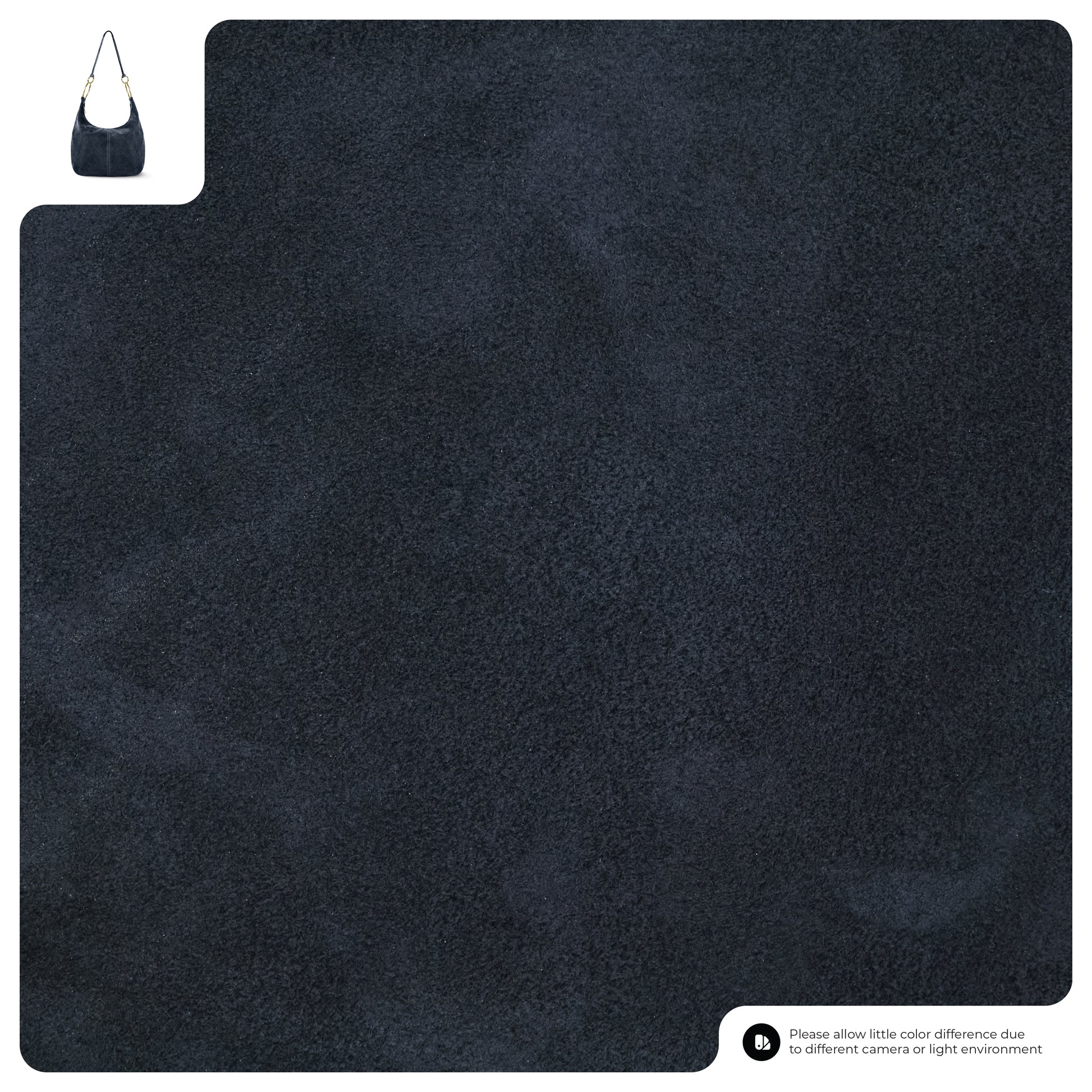 A dark navy blue natural suede fabric swatch with a soft, slightly textured surface. In the top left corner, there's a small image of an Italian handmade bag crafted from the same luxurious material.