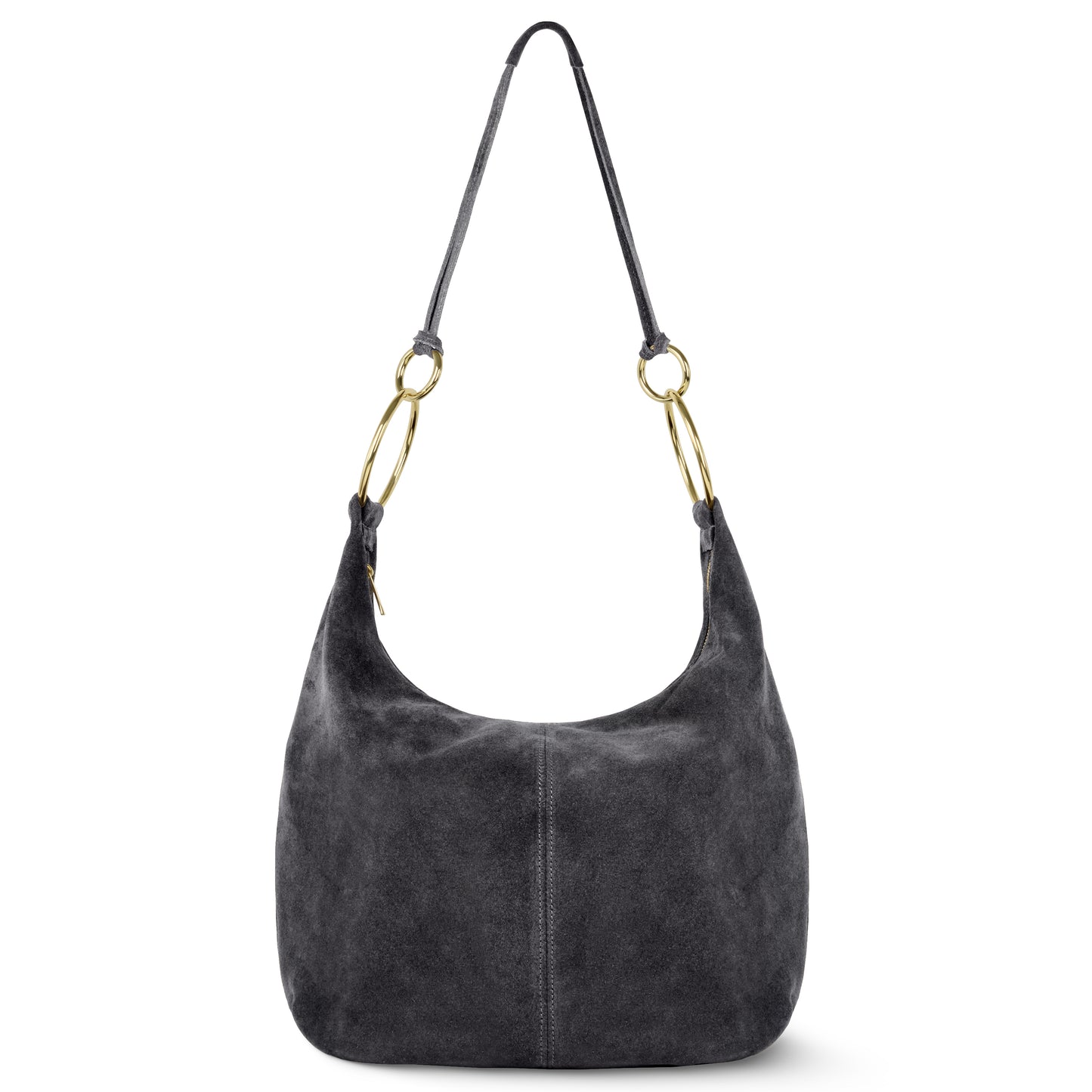 A pewter suede Italian handmade hobo bag with gold ring accents and a single black strap, displayed against a white background.