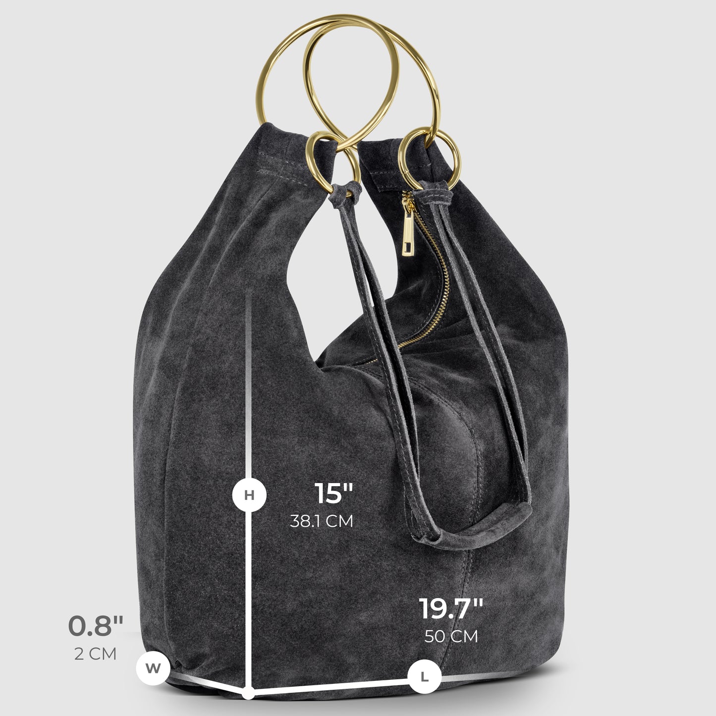 A dark gray Italian handmade bag in natural suede with gold circular handles, standing upright. The bag measures 15 inches high, 19.7 inches long, and 0.8 inches wide. A gold zipper and short handle complete this Florentine leather piece.
