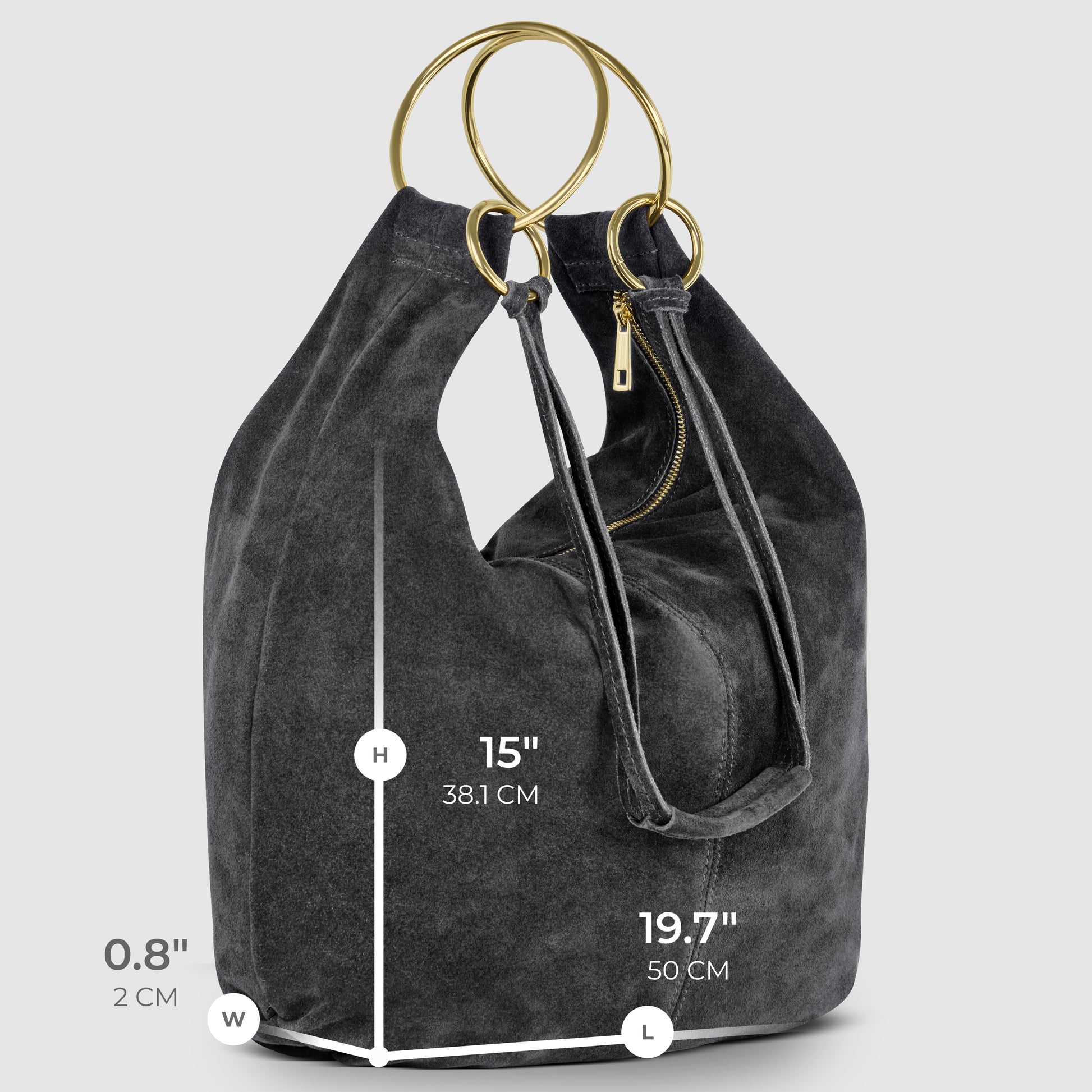 A dark gray Italian handmade bag in natural suede with gold circular handles, standing upright. The bag measures 15 inches high, 19.7 inches long, and 0.8 inches wide. A gold zipper and short handle complete this Florentine leather piece.