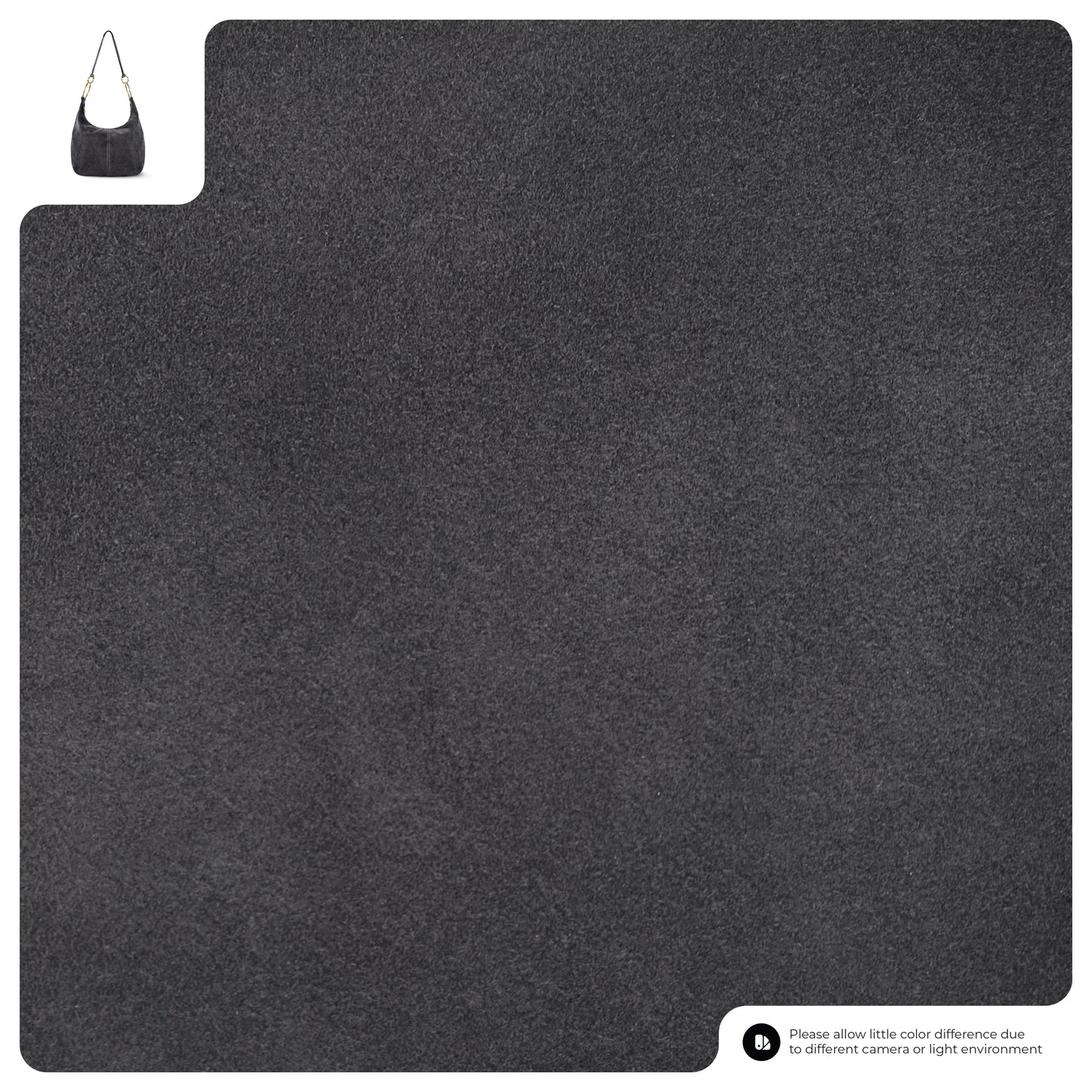 A large swatch of dark gray suede fabric with a small image of an Italian handmade bag in the top left corner and a disclaimer about color differences in the bottom right corner.