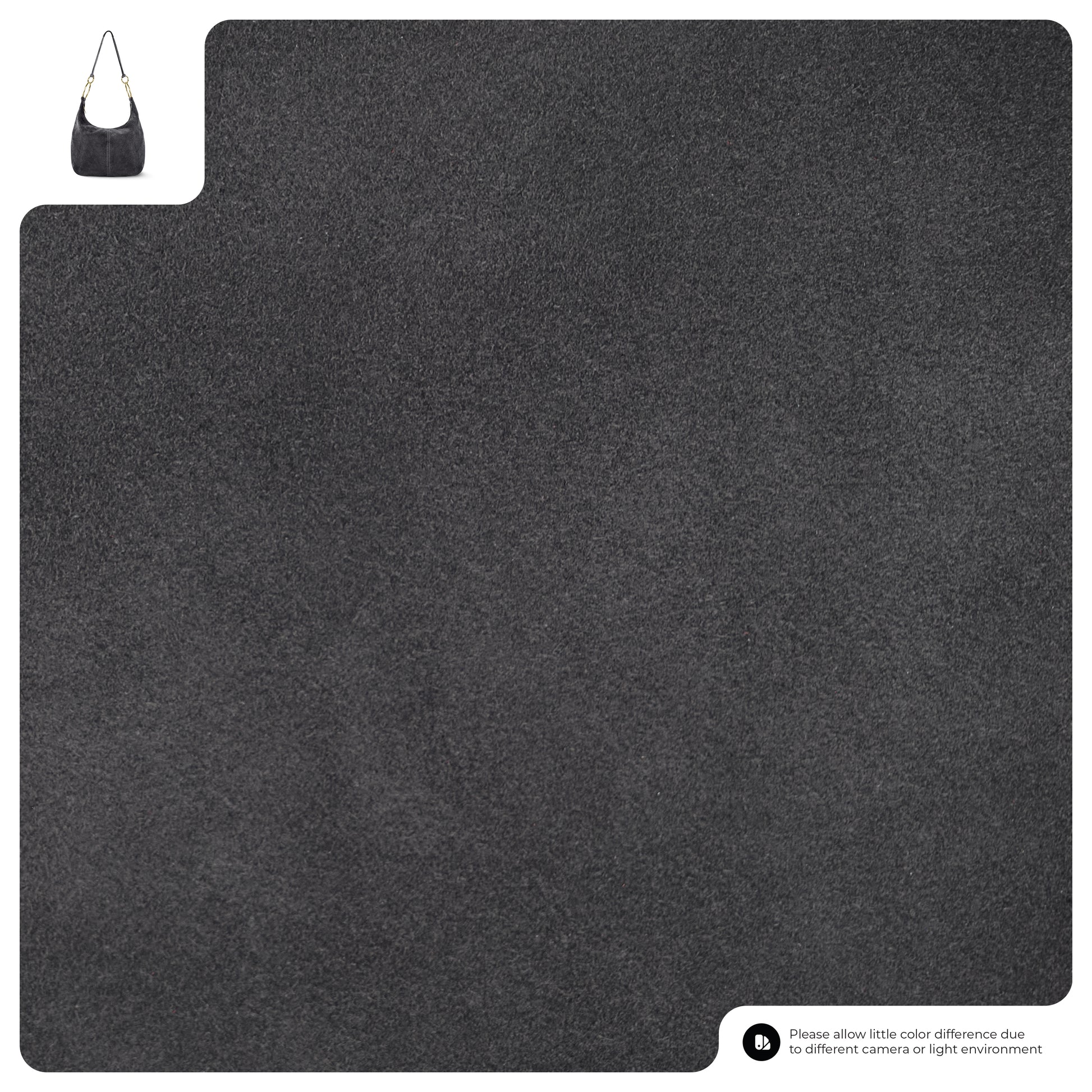 A large swatch of dark gray suede fabric with a small image of an Italian handmade bag in the top left corner and a disclaimer about color differences in the bottom right corner.