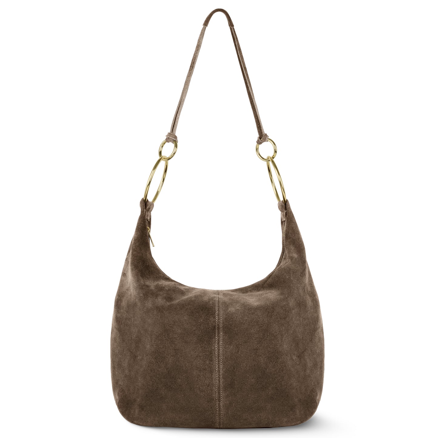 A tobacco suede hobo shoulder bag with a single strap and gold metal ring accents on each side, inspired by classic Italian handmade designs. Shown against a white background.