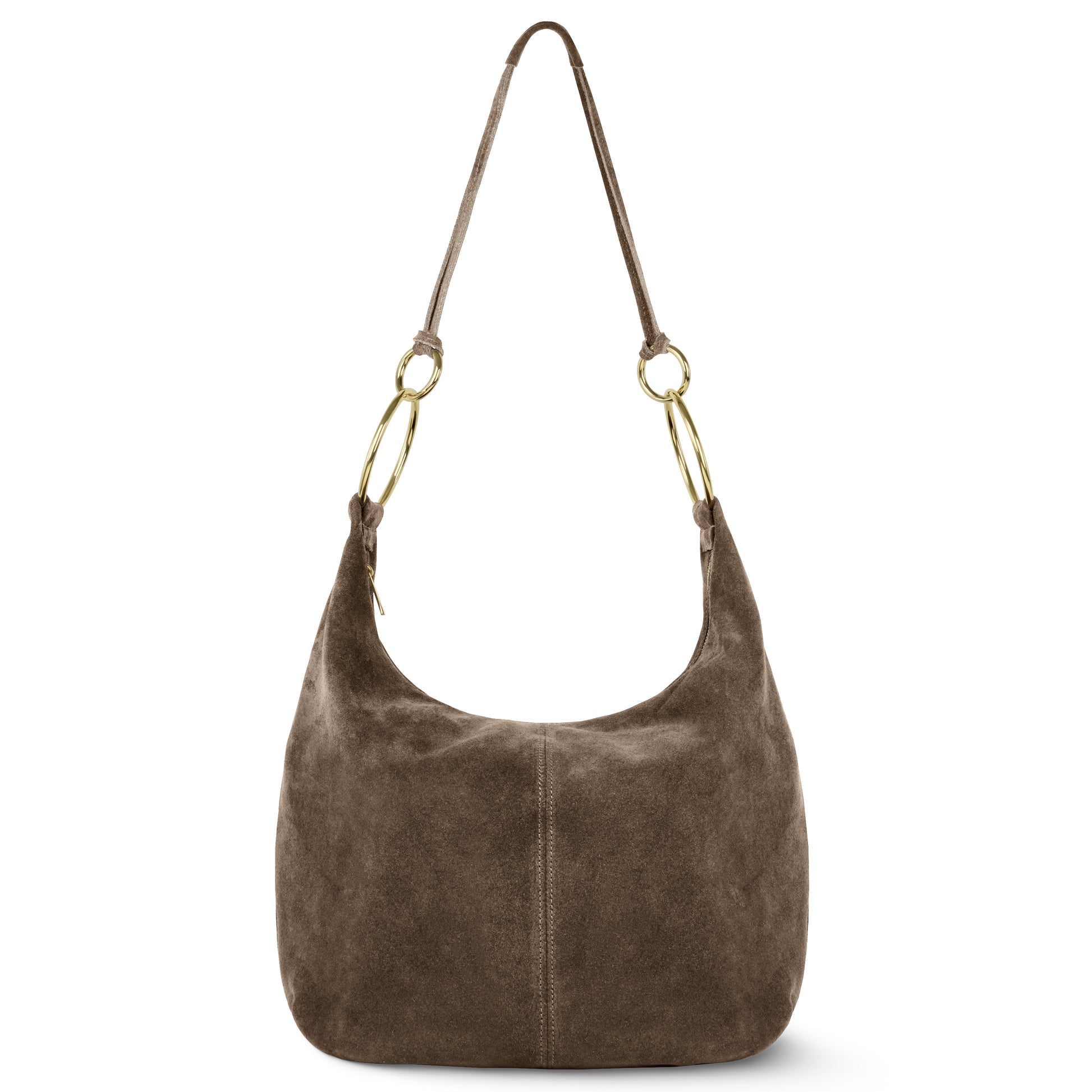 A tobacco suede hobo shoulder bag with a single strap and gold metal ring accents on each side, inspired by classic Italian handmade designs. Shown against a white background.