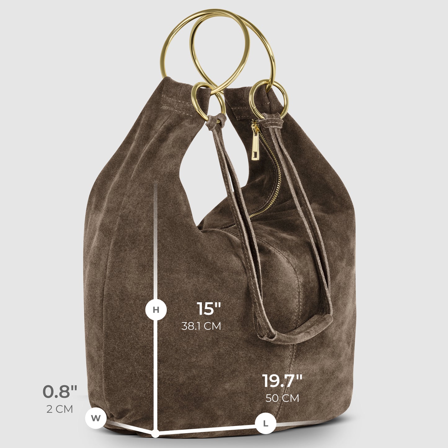 Brown suede leather bag with gold circular handles, zip closure, and a side handle. Showcasing Florentine craftsmanship, this Italian handmade bag measures 15 (38.1 cm) high, 19.7 (50 cm) long, and 0.8 (2 cm) wide against a light gray background.