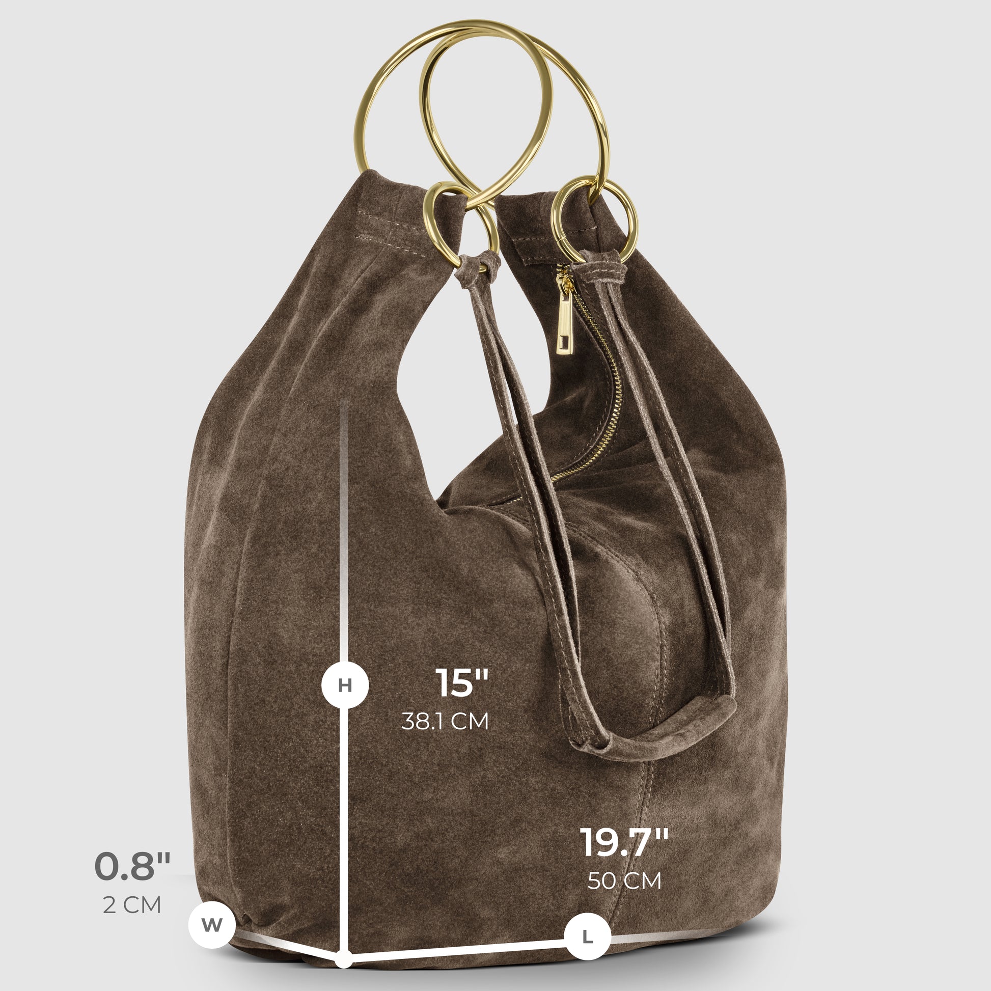 Brown suede leather bag with gold circular handles, zip closure, and a side handle. Showcasing Florentine craftsmanship, this Italian handmade bag measures 15 (38.1 cm) high, 19.7 (50 cm) long, and 0.8 (2 cm) wide against a light gray background.