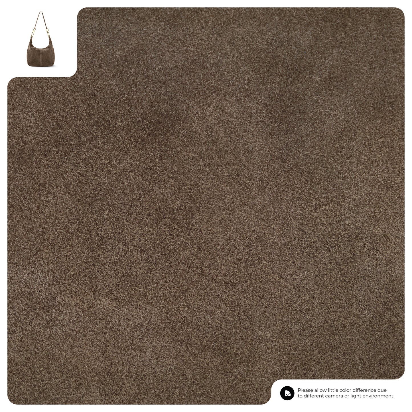 A square swatch of brown textured fabric is shown, with a small image of an Italian handmade suede leather bag in the upper left corner. A note in the lower right mentions possible color differences due to lighting or camera.
