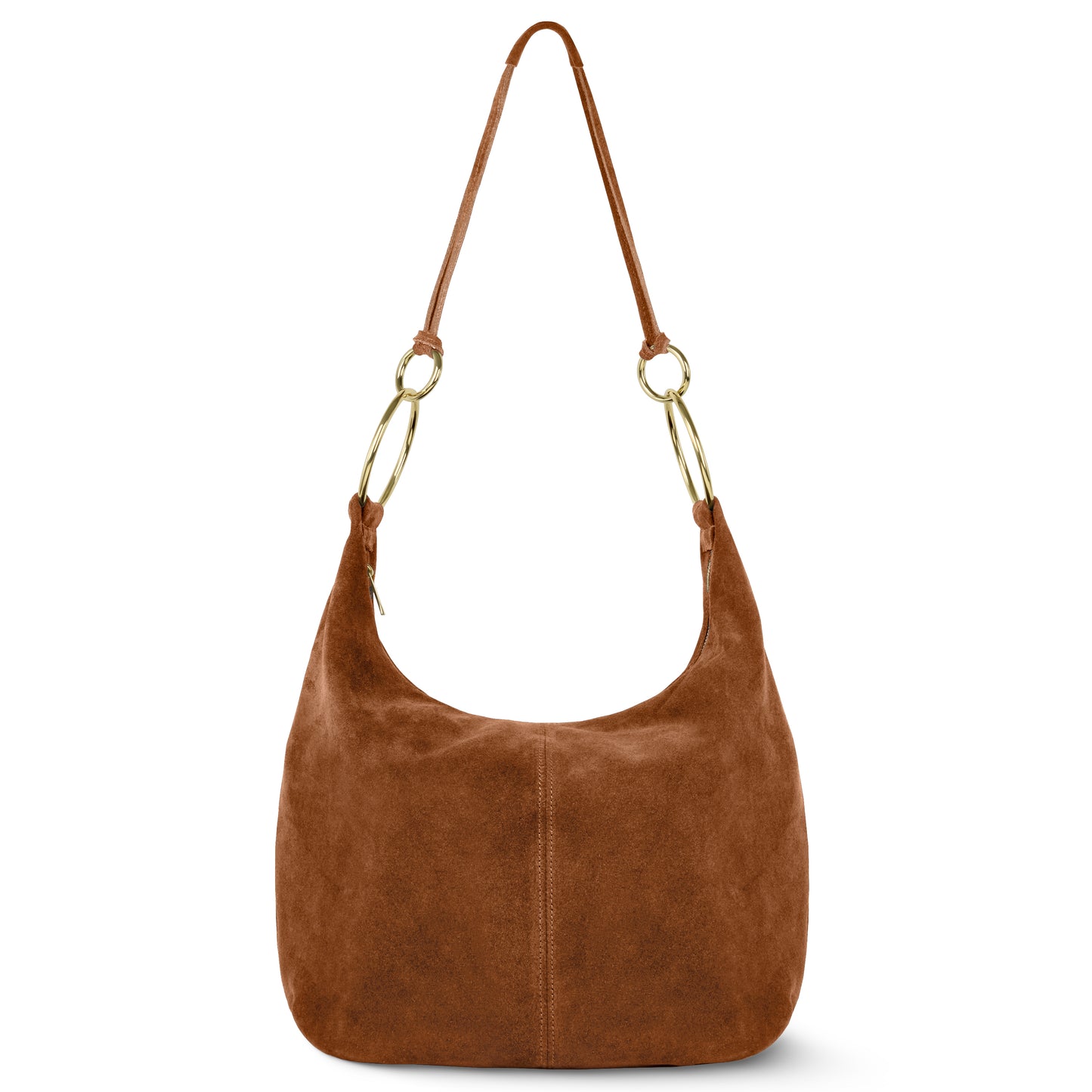 A brown suede hobo bag with a single shoulder strap and gold-tone metal rings attaching the strap, shown against a white background.
