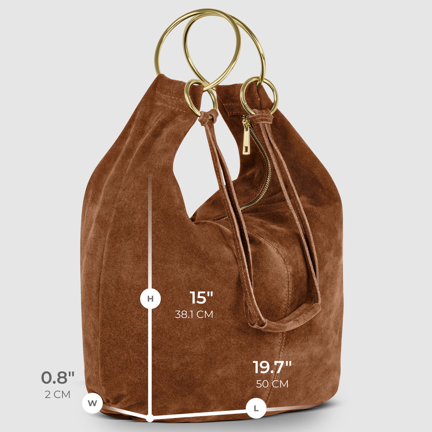 A brown natural suede handbag with gold circular handles, a side zipper, and visible dimensions—15 inches (38.1 cm) height, 19.7 inches (50 cm) length, and 0.8 inches (2 cm) width—stands against a plain background.