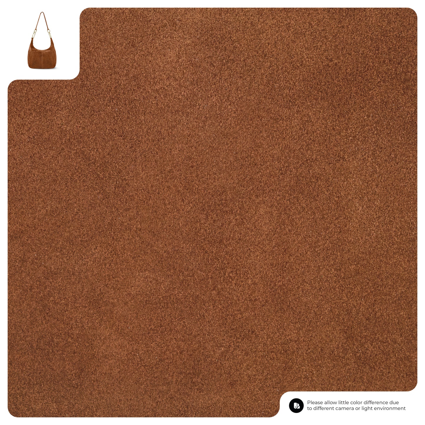 A square swatch of brown, textured fabric is shown, with a small image of an Italian handmade bag in brown suede in the top left corner. A note at the bottom warns of possible color differences due to lighting or camera.