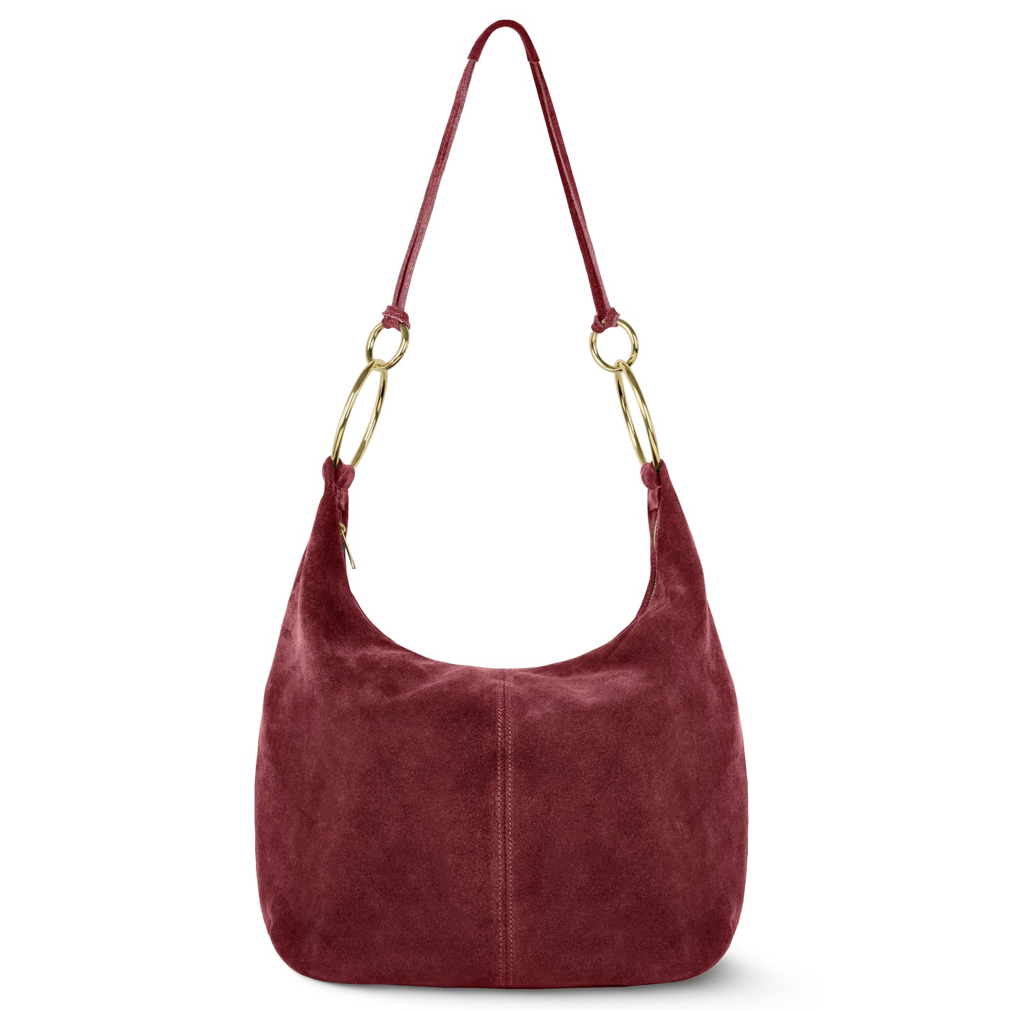 A soft, slouchy Italian handbag in burgundy suede features a curved shape, gold-tone metal rings attaching the strap, and a vertical center seam.