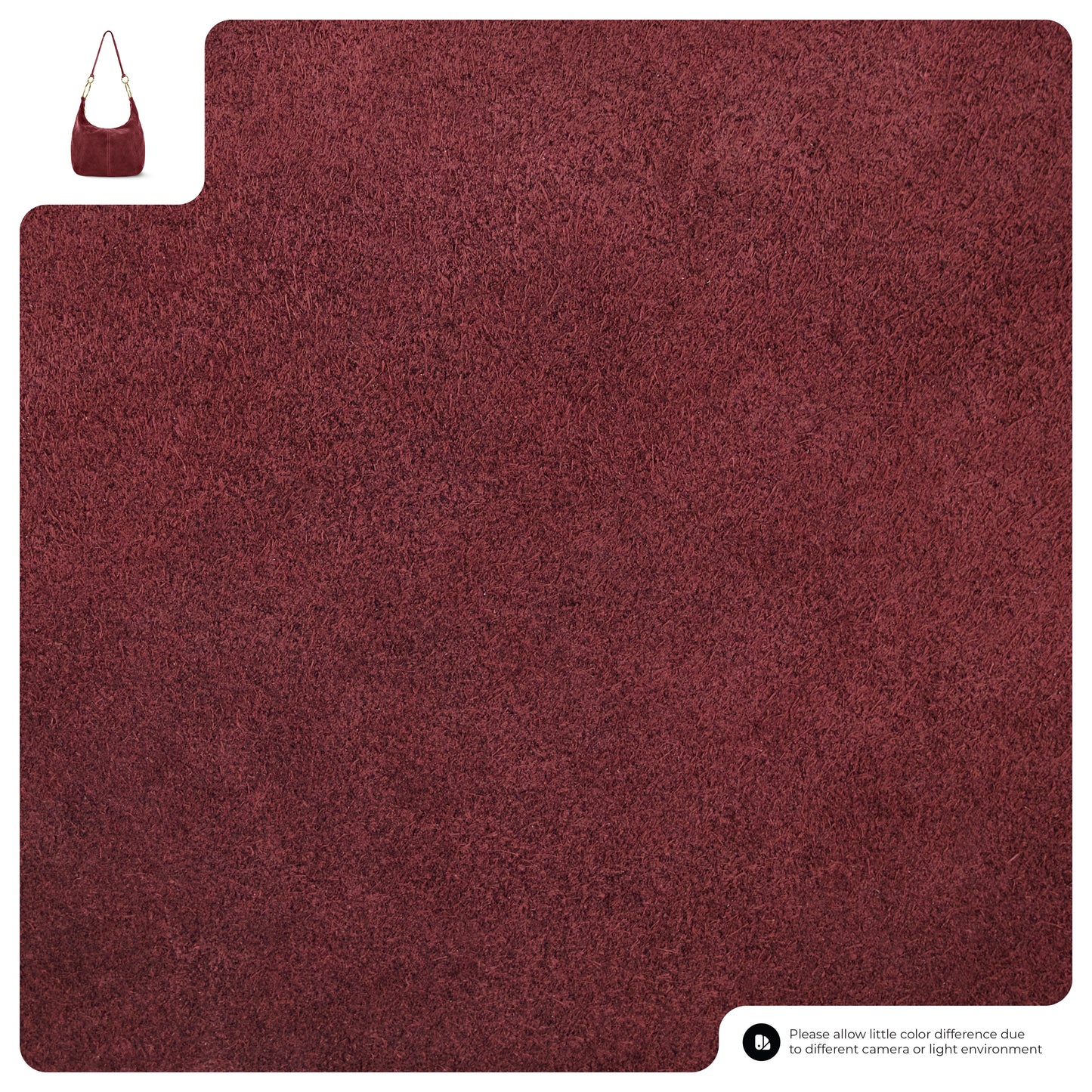 A large, rectangular, burgundy-colored rug with a soft, shaggy texture. In the top left corner, there’s an inset showing a matching Italian handmade bag. A small note at the bottom mentions possible color variation.