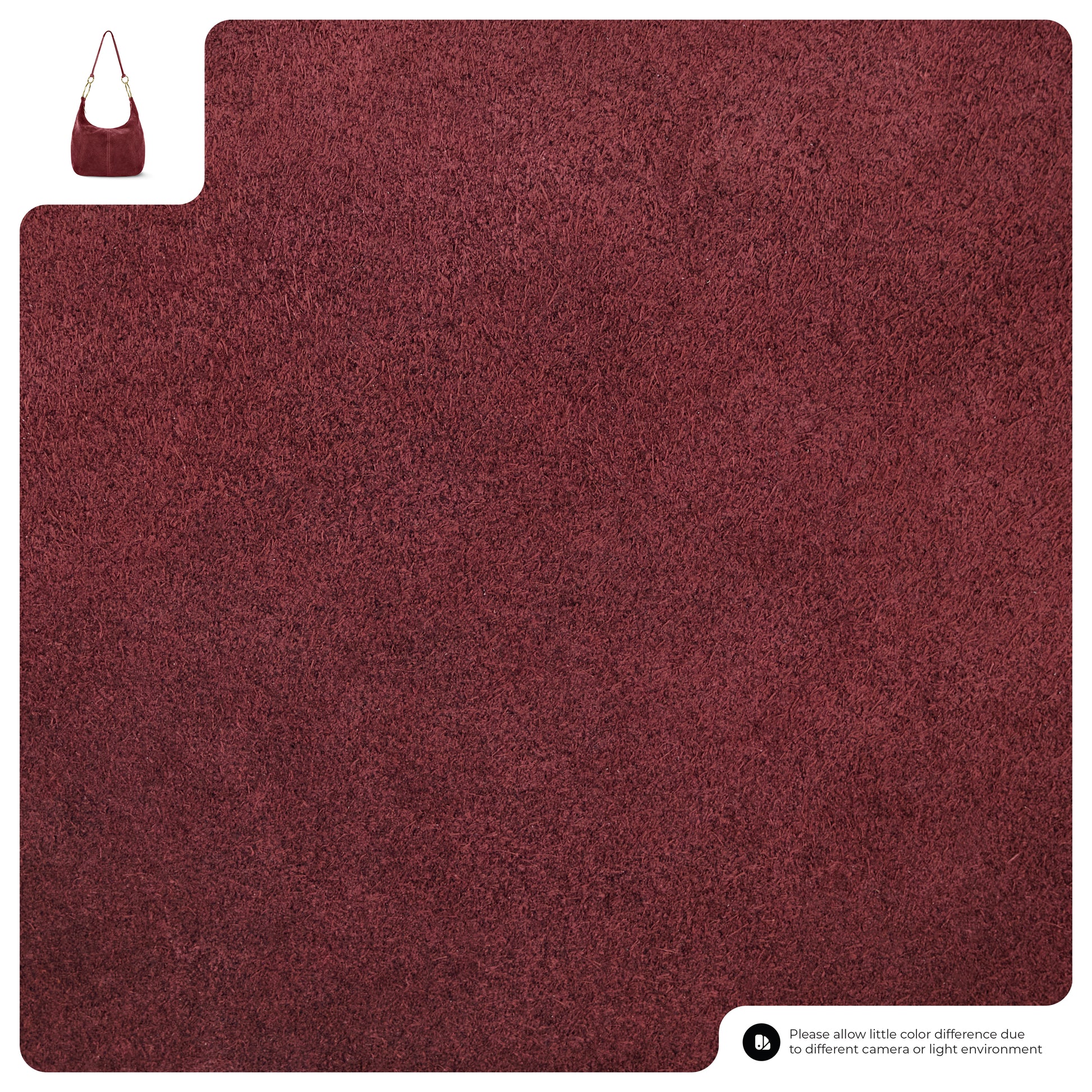 A large, rectangular, burgundy-colored rug with a soft, shaggy texture. In the top left corner, there’s an inset showing a matching Italian handmade bag. A small note at the bottom mentions possible color variation.