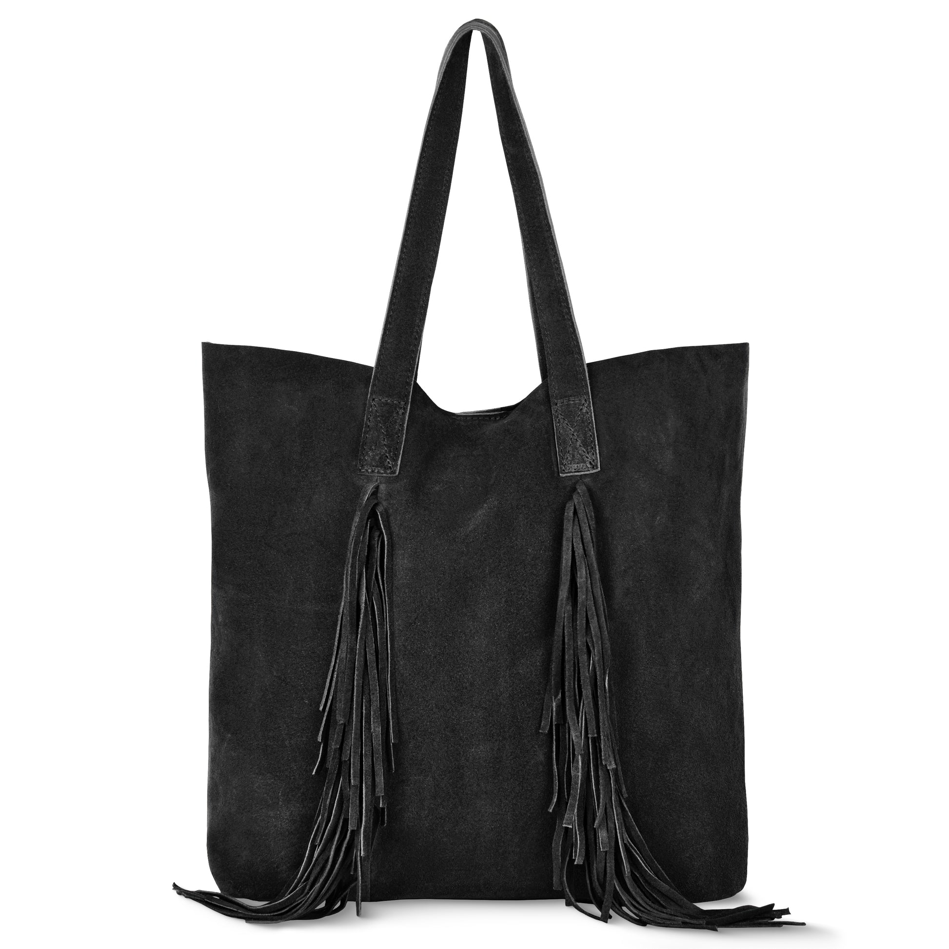 A black suede handbag featuring long shoulder straps and front decorative fringe, ideal for a bohemian style.