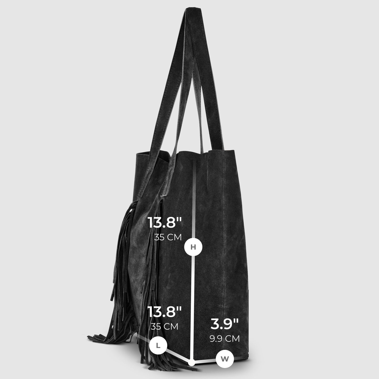 A black suede handbag with fringe details stands upright, exuding bohemian charm. Overlaid text displays its dimensions: height 13.8" (35 cm), length 13.8" (35 cm), and width 3.9" (9.9 cm).