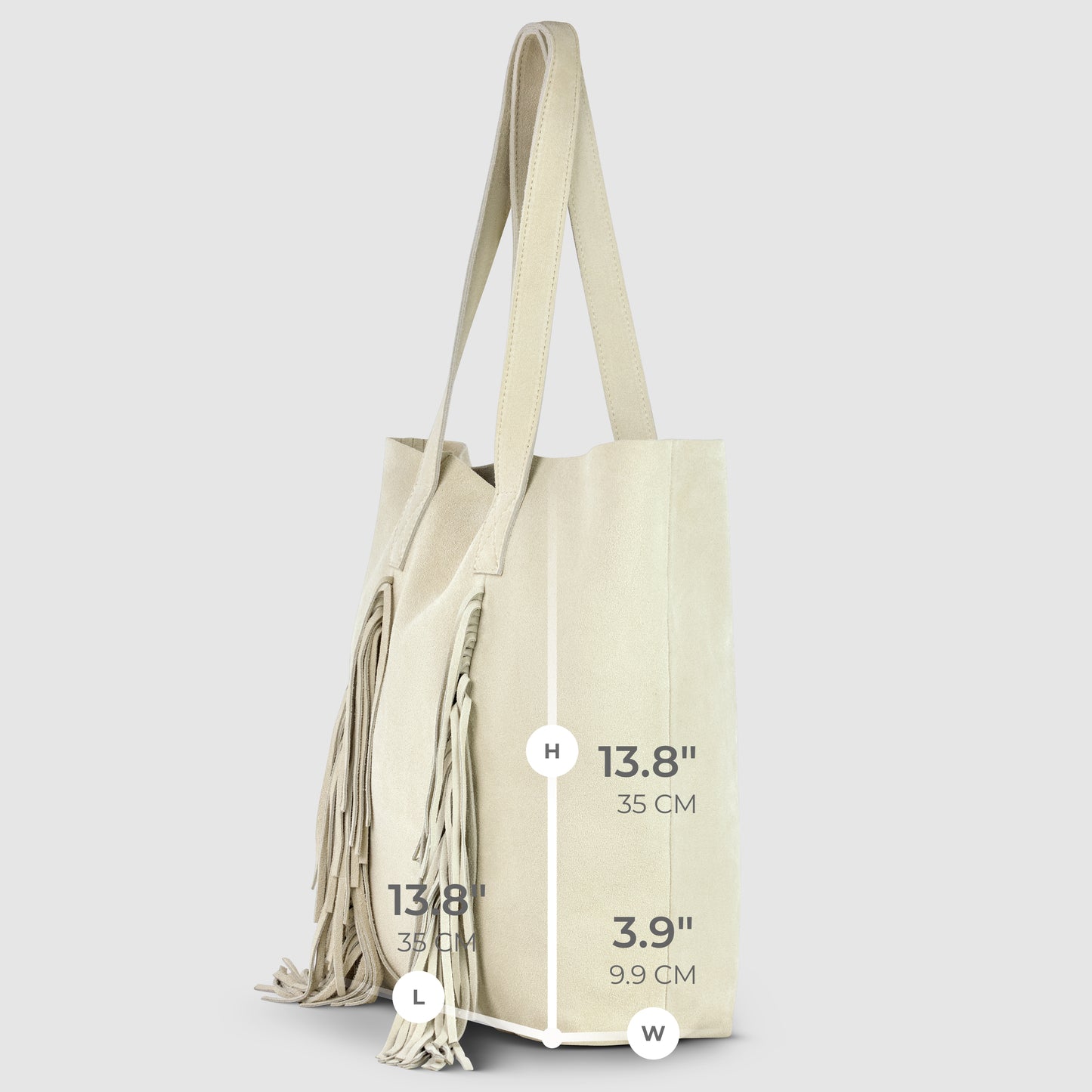 Beige suede tote bag with tassel details on the side—a chic bohemian handbag. Dimensions: height 13.8 inches (35 cm), length 13.8 inches (35 cm), and width 3.9 inches (9.9 cm).