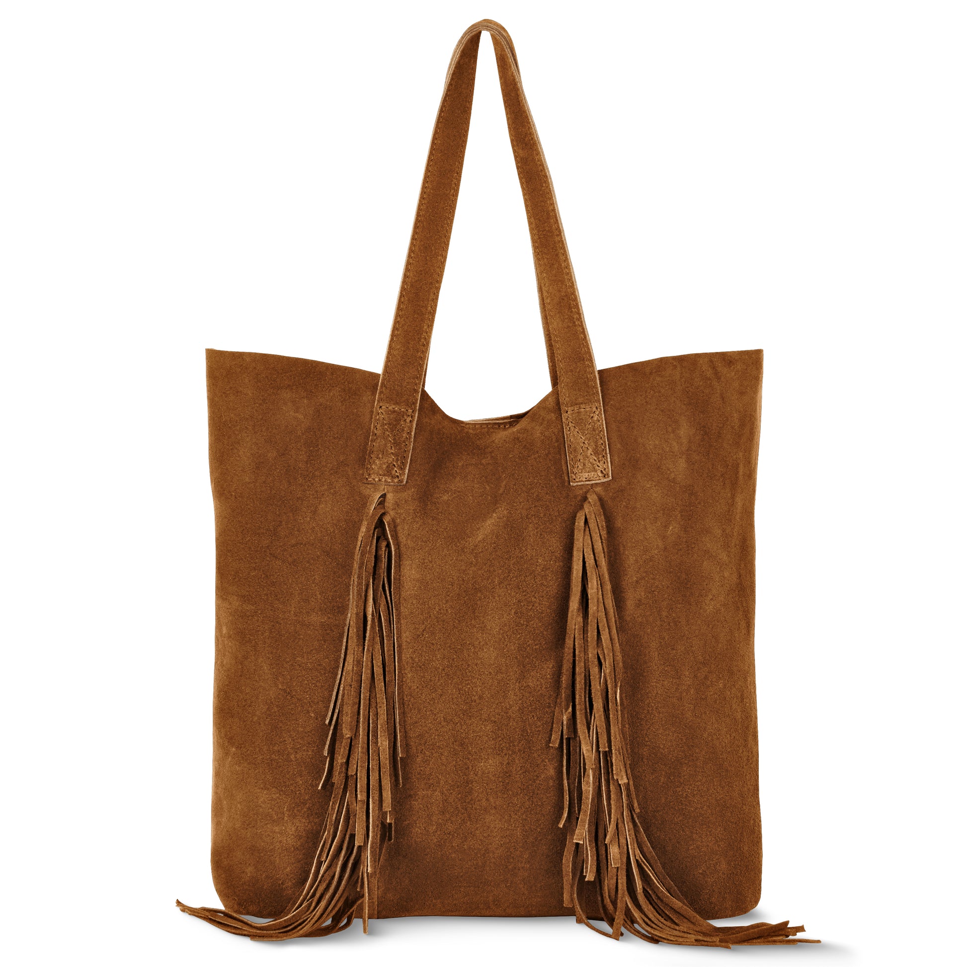 This chic boho tote is crafted in Italy from mocha suede, featuring long handles and decorative fringe on both sides of the front.