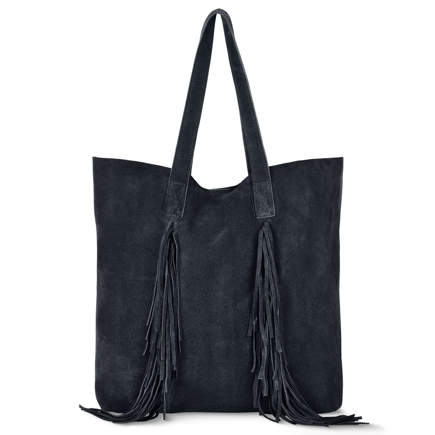 A large dark blue suede handbag with two handles and long fringe detail at the front, perfect for adding a chic bohemian touch.