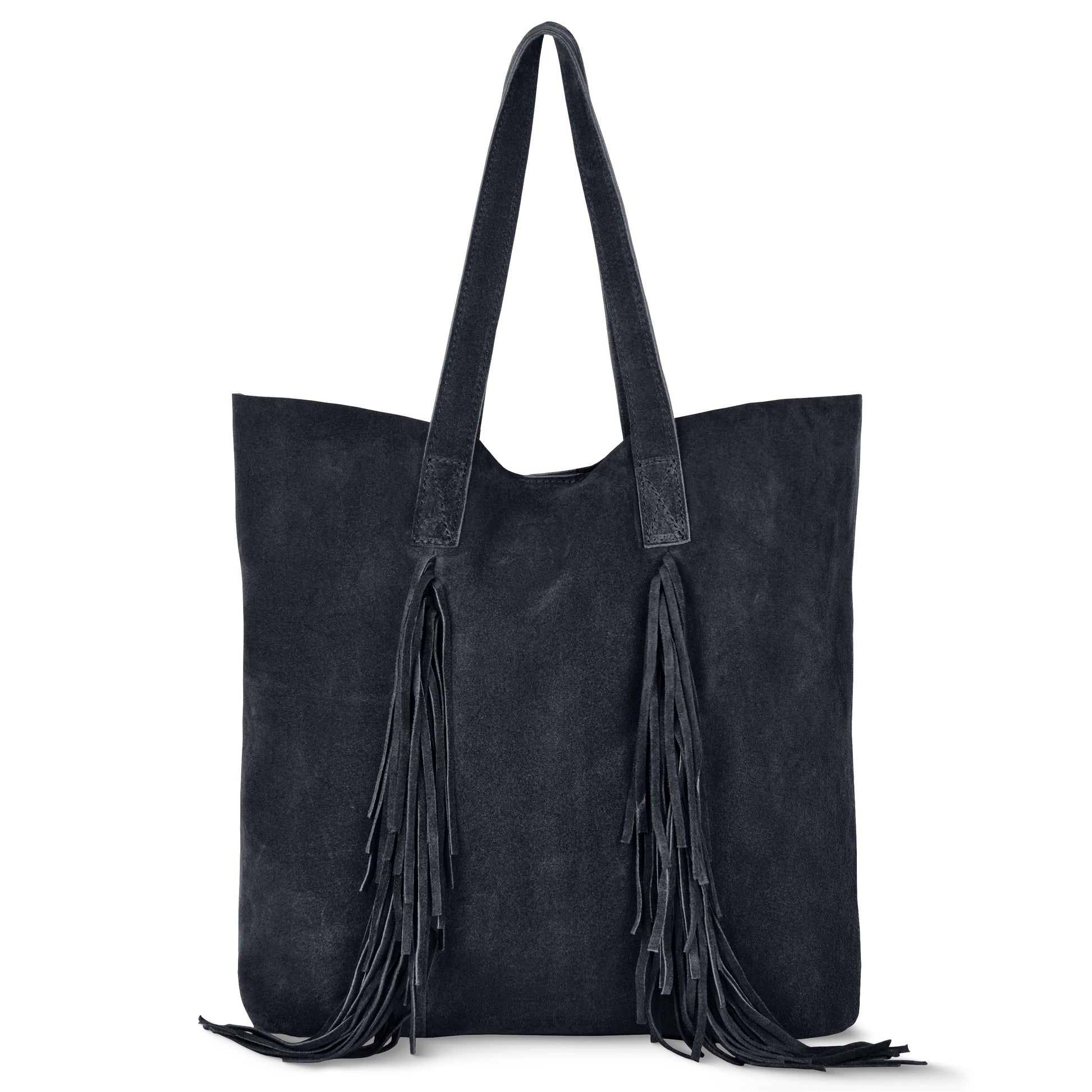 A large dark blue suede handbag with two handles and long fringe detail at the front, perfect for adding a chic bohemian touch.